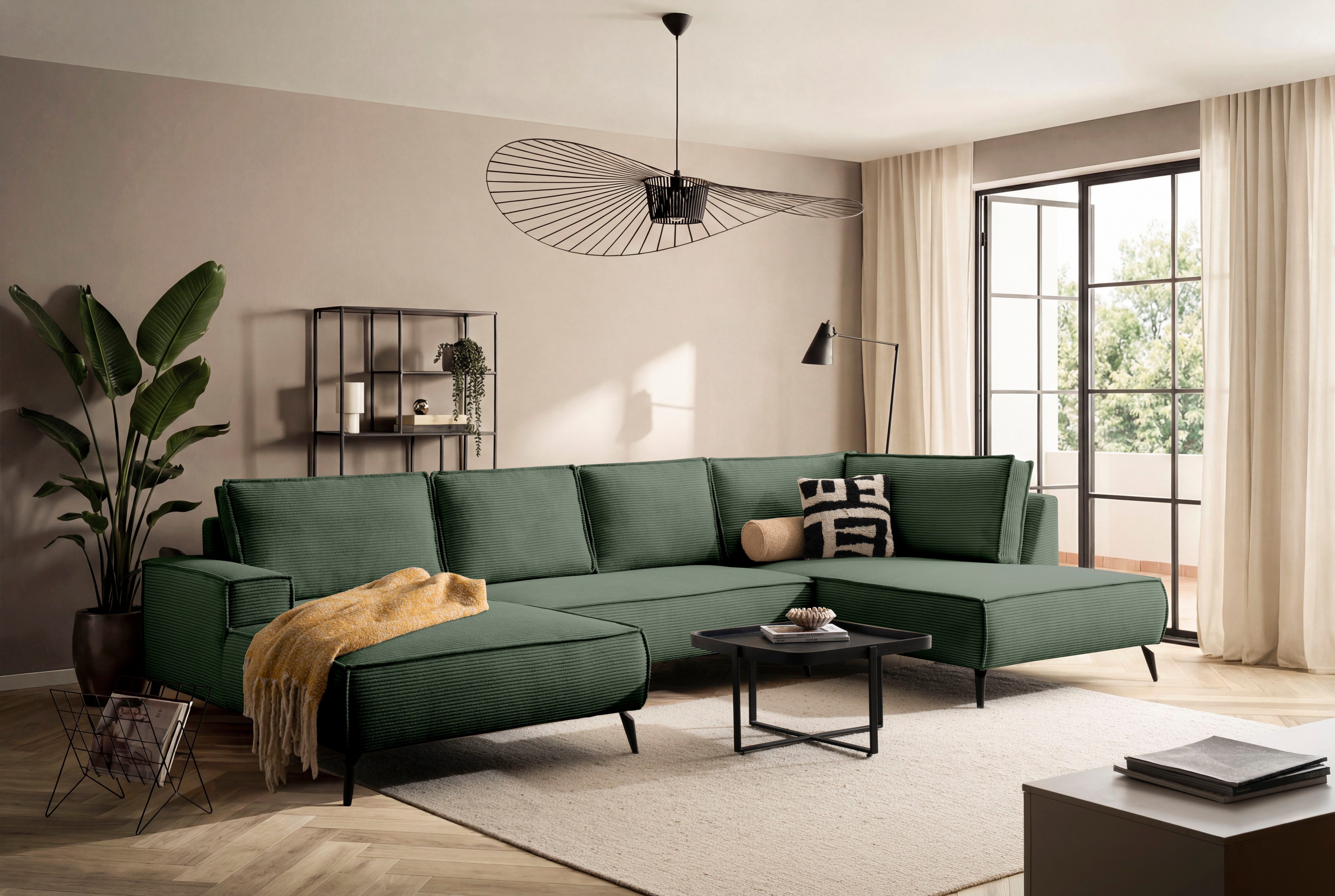 Home affaire Wohnlandschaft TVINNU, moderne U-Form, Couch in Cord oder Webstoff in Leinenoptik, Recamiere rechts/links, schwarze Metallfüße, bequeme Sitz-/Liegefläche