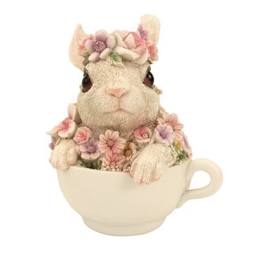 Online-Fuchs Gartenfigur süßer Hase mit Blumen verziert in Tasse, Maße des Tiers ca. 15 cm hoch und 11 x 10 cm breit, Kaninchen