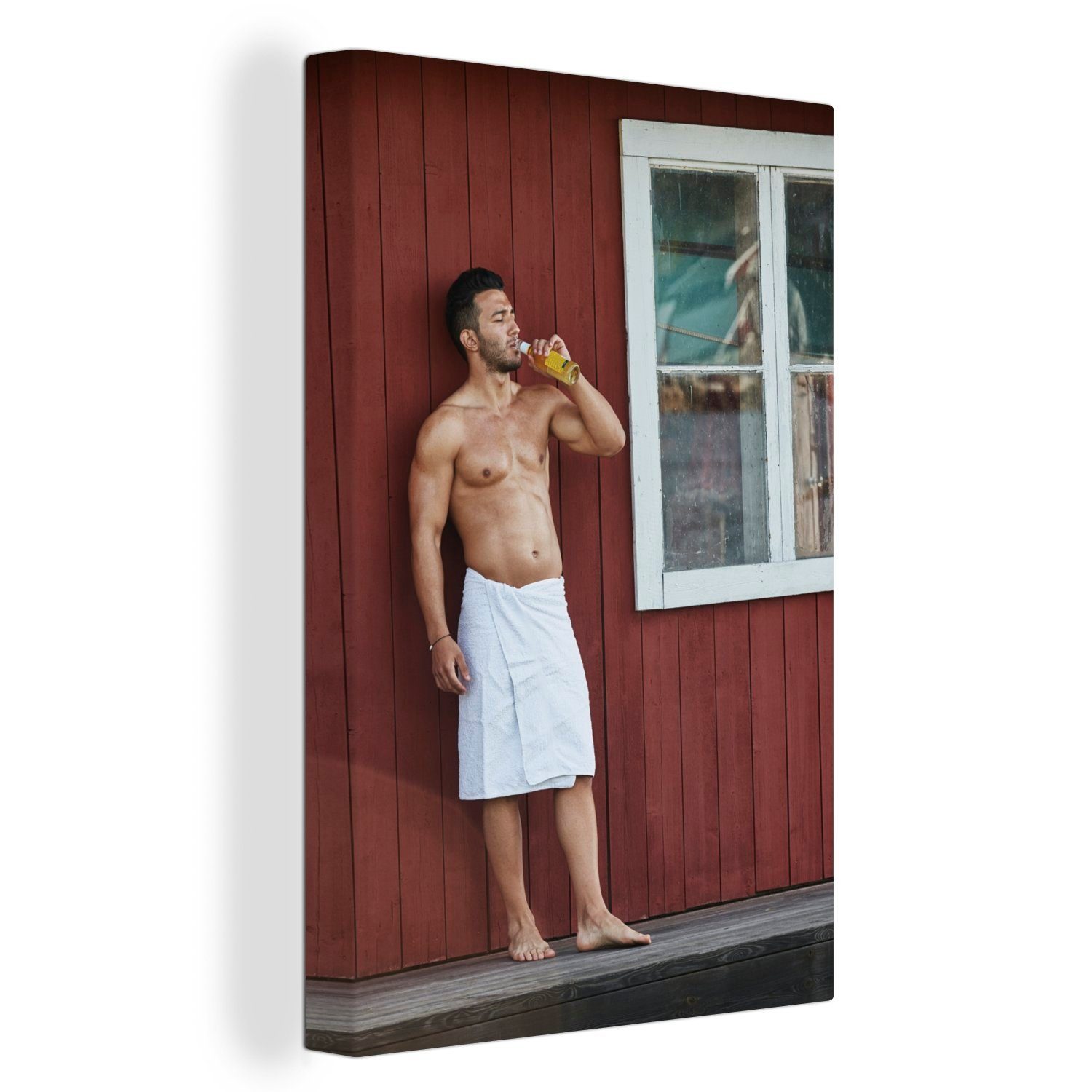 OneMillionCanvasses® Leinwandbild Ein muskulöser Mann mit einem Handtuch um seine Taille, (1 St), Leinwandbild fertig bespannt inkl. Zackenaufhänger, Gemälde, 20x30 cm