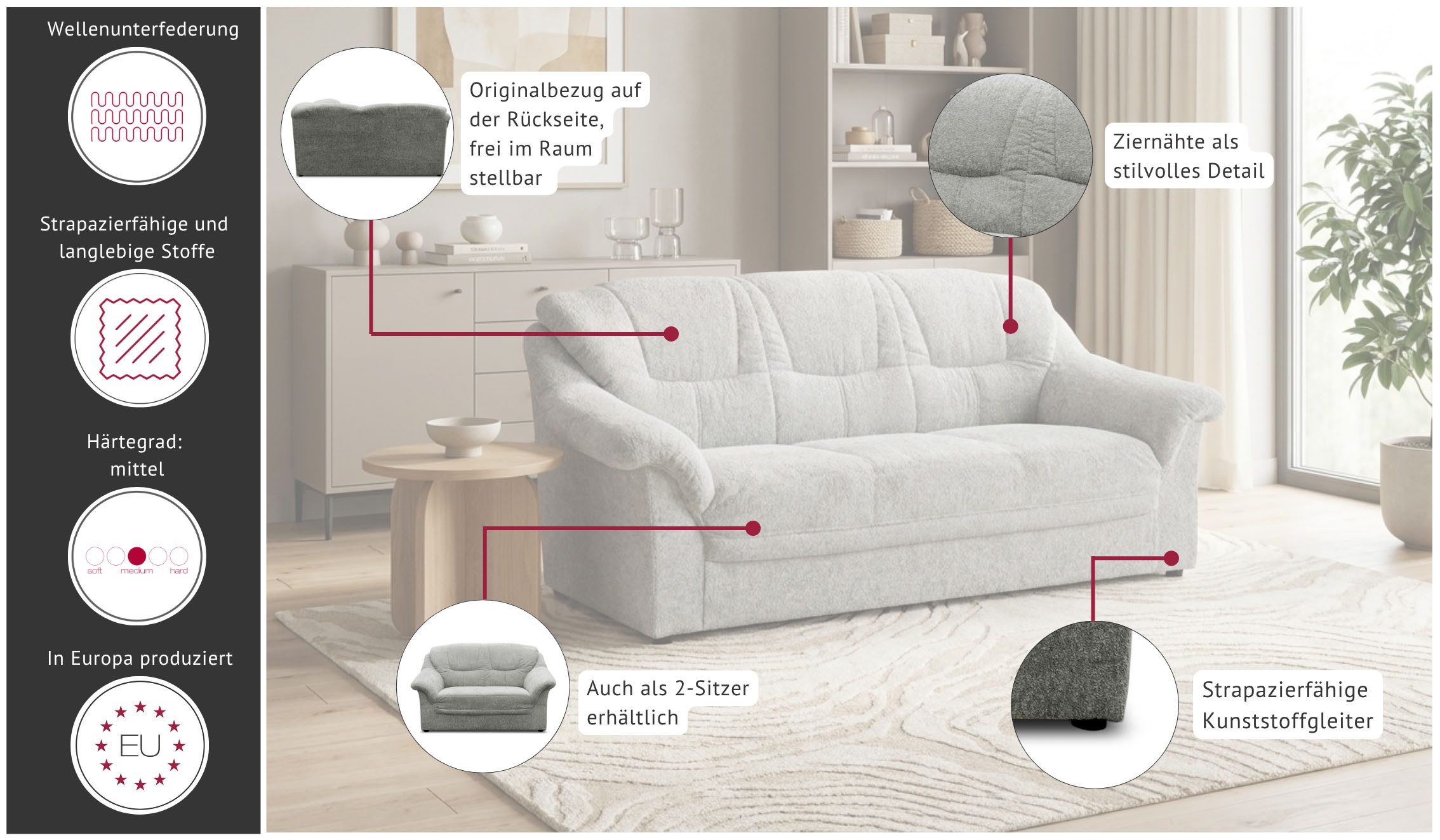 OTTO home 3-Sitzer Nyborrg 184 cm breit, pflegeleicht, formschön, stabil, aus pflegeleichtem, weichem Luxus-Microfaser – Bild 3 von 5