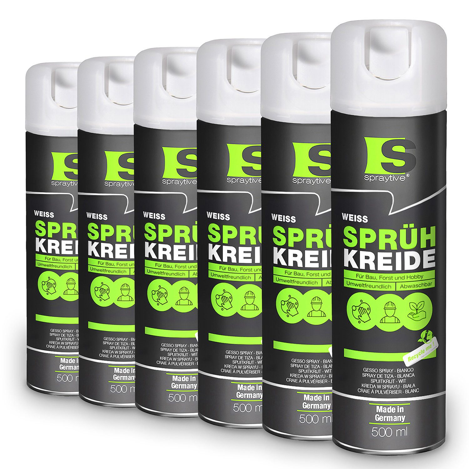 Spraytive Sprühfarbe 6x 500ml Sprühkreide weiß – abwaschbare leuchtende Kreidefarbe Outdoor, Made in Germany