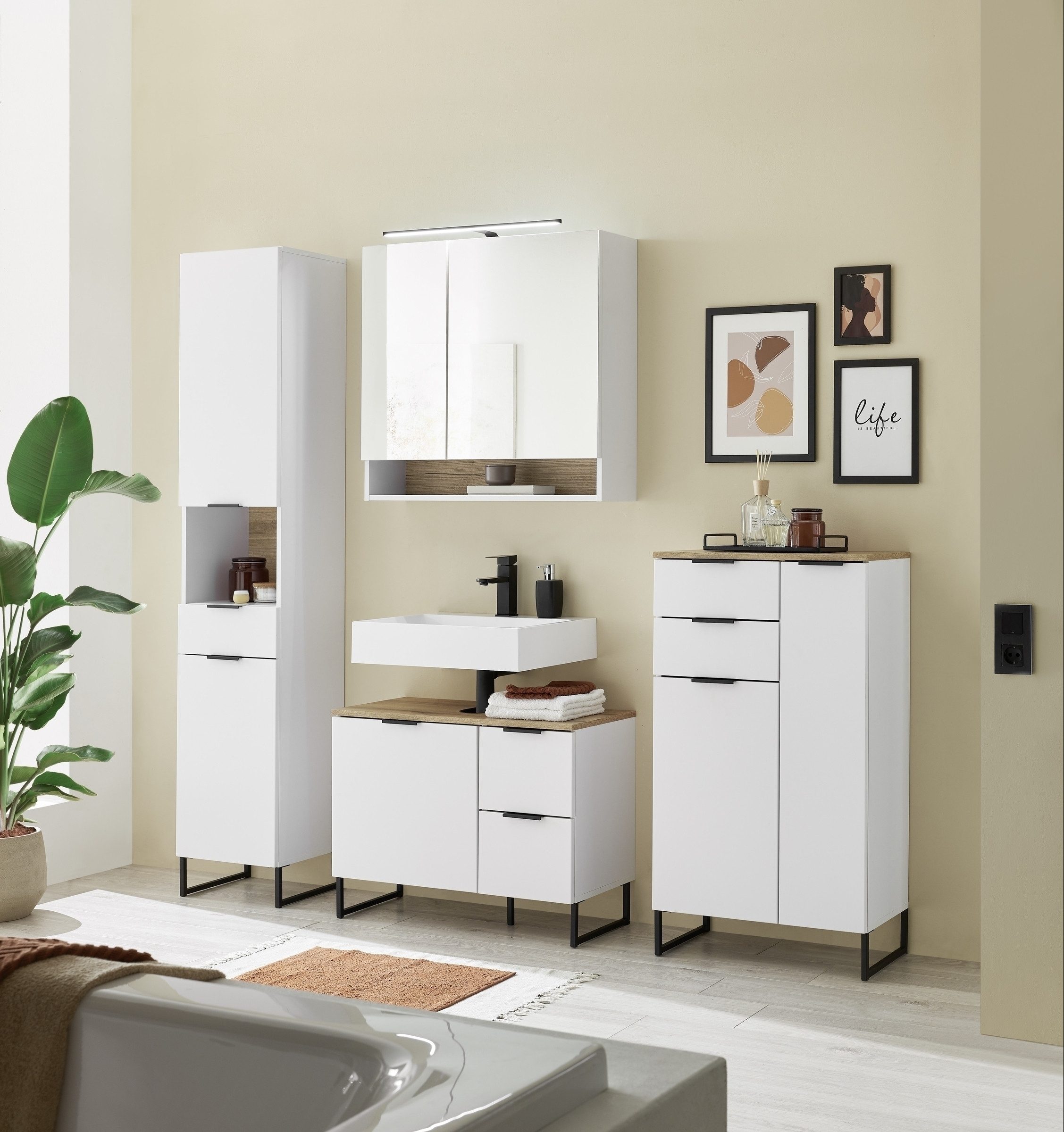 PREISBRECHER Badezimmer-Set Denver, (Highboard), (4-tlg) in weiß / Evoke Eiche Dekor - 220x195x35 (BxHxT)