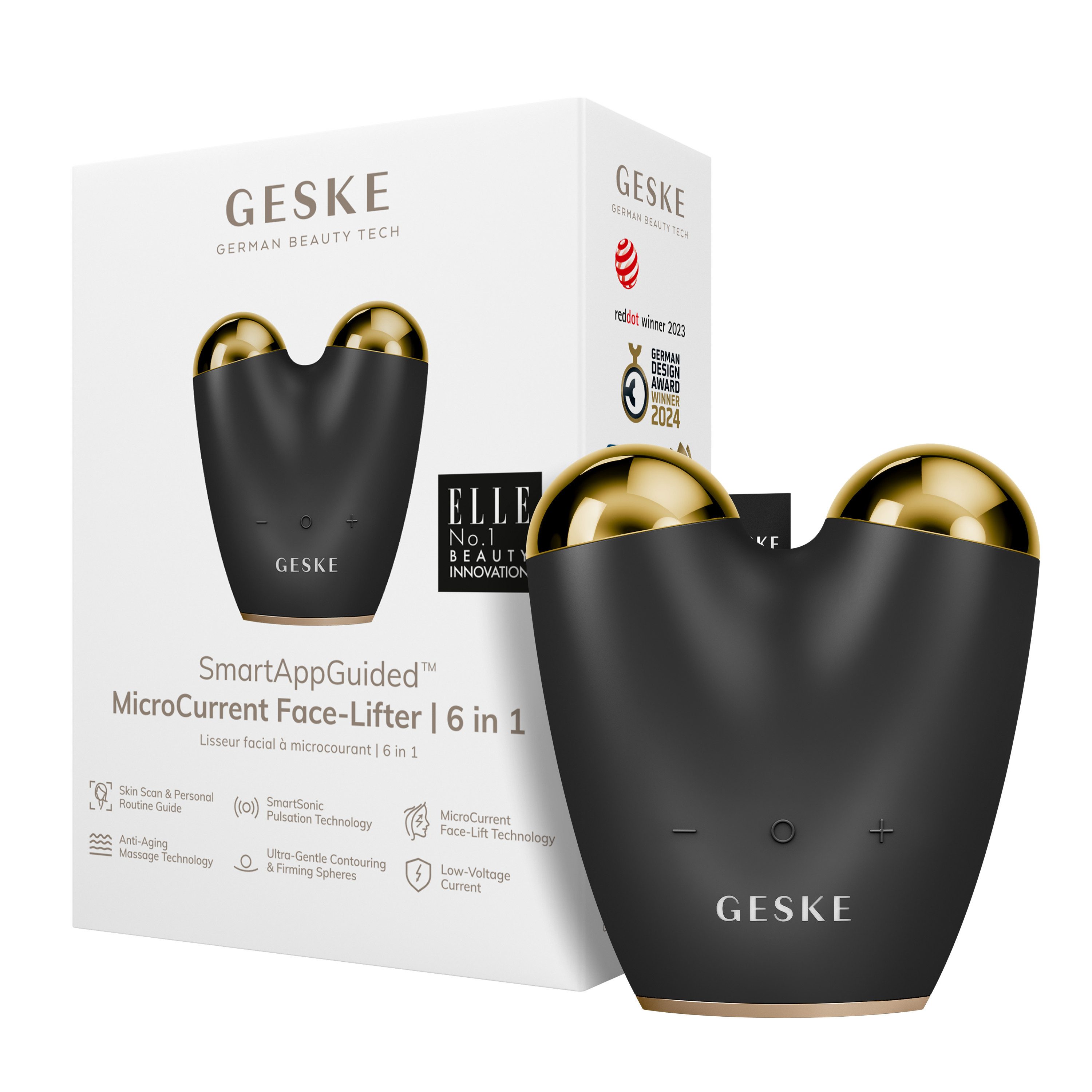 GESKE German Beauty Tech Enhancer SmartAppGuided™ MicroCurrent Face-Lifter 6 in 1, Packung (Gerät & USB-Ladekabel), 2-tlg., Gerät inkl. kostenloser APP (SmartAppGuided Device), Mit der GESKE App erhältst Du deine personalisierte Hautpflegeroutine.