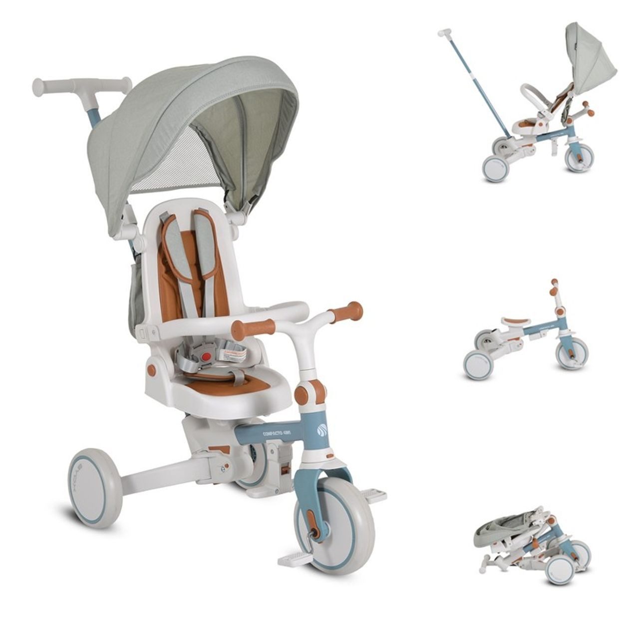 Byox Dreirad Tricycle Compacto 4 in 1, Schiebegriff klappbar Gurt umbaubar EVA