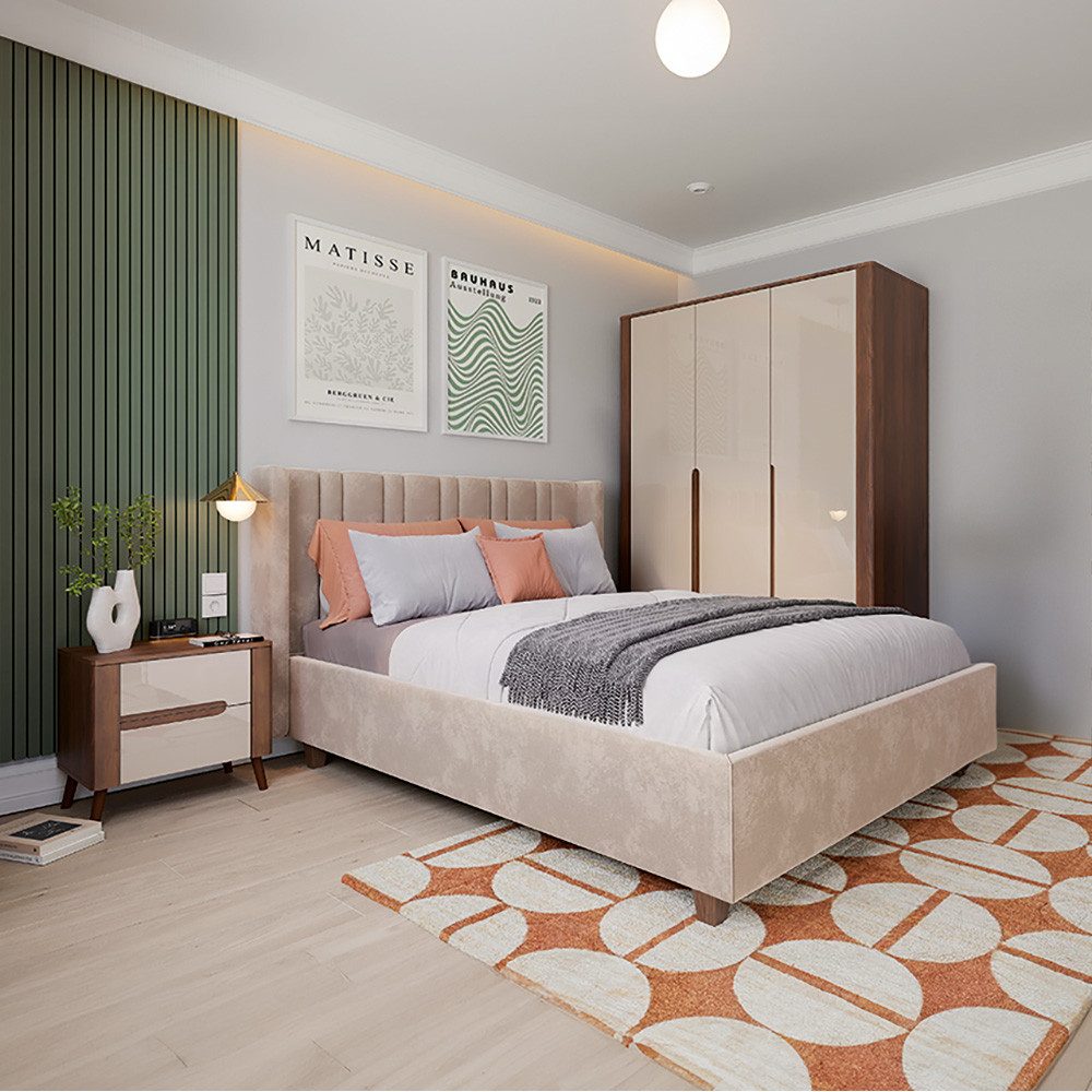 Lomadox Schlafzimmer-Set ALPINE-129, (Spar-Set, 3-tlg., Bettanlage Nachtschrank Kleiderschrank), Walnuss braun mit beige, griffloses Design, Liegefläche 140x200 cm