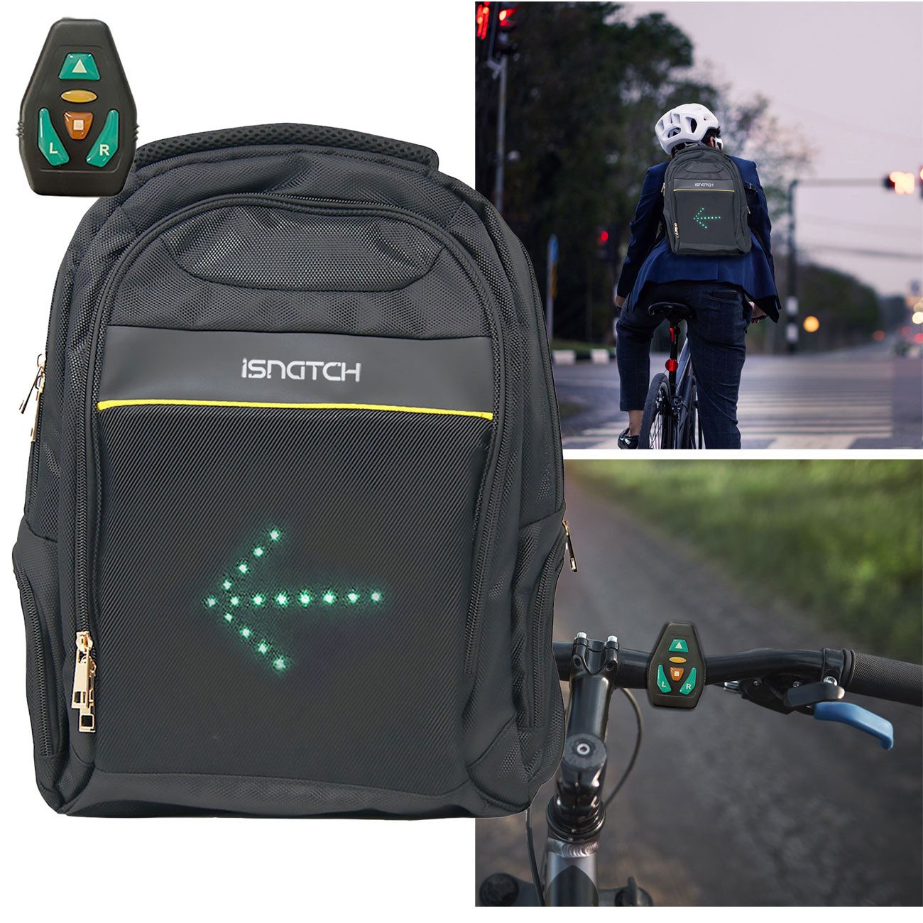 ISNATCH Rucksack LED Blinker-Rucksack Schwarz: Mit Notebook-Fach, Fernbedienung & Pfeil