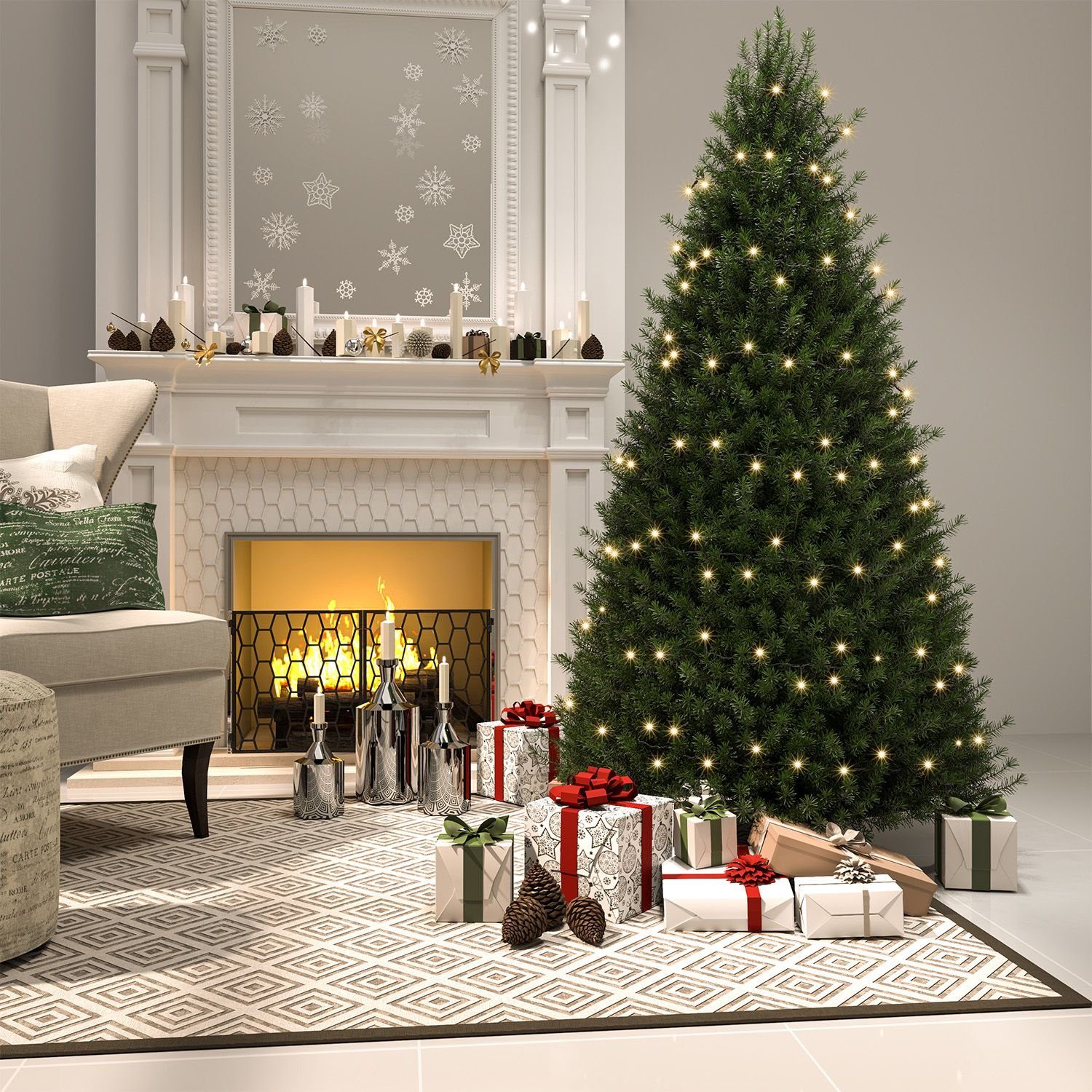 Juskys Künstlicher Weihnachtsbaum, inkl. langlebig Metall-Ständer mit Weihnachtsbaum, und LED-Lichtkette, platzsparend