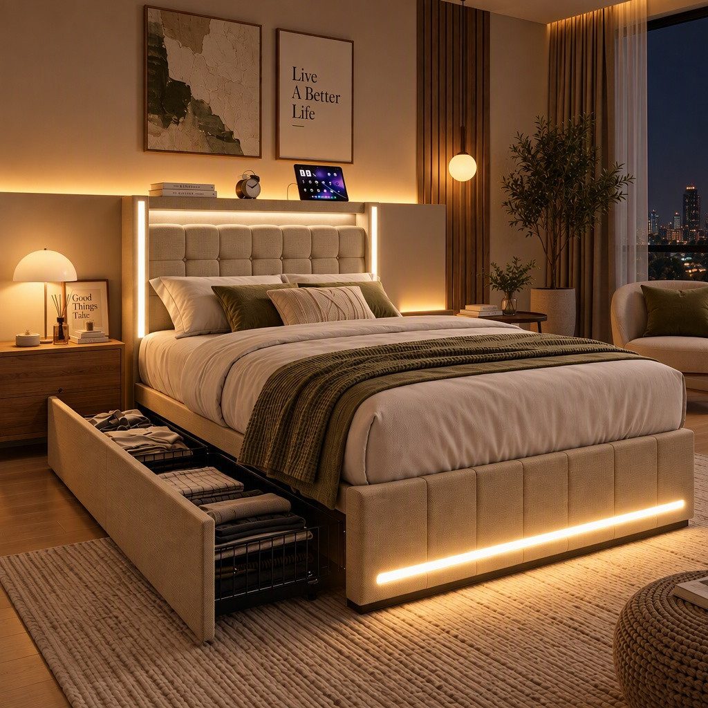 Furnishings Home Polsterbett LED Doppelbett Stauraumbett mit Kopfteil und 4 Schubladen (Leinenmaterial Polsterbett mit RGB Beleuchtung), mit Lattenrost und Ladefunktion, mit Komforthöhe, Leises Design Bett