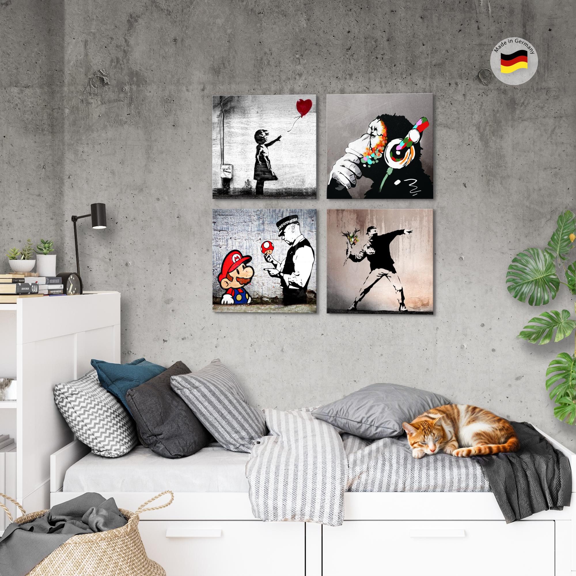 Novart Wandbild Set Banksy Style Collage Loft Grau Bilder Modern Streetart Graffiti, (4 St)