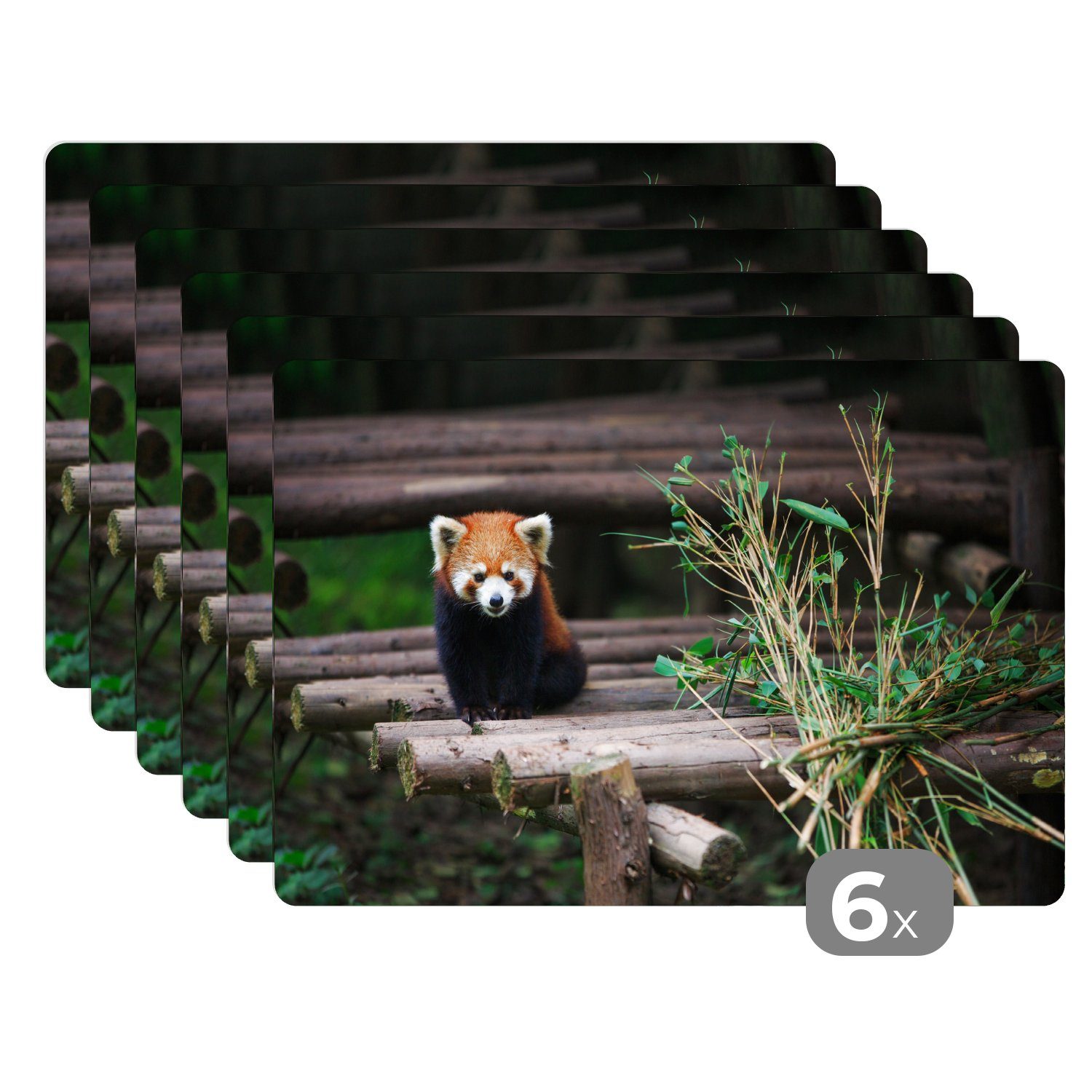 Platzmatte, Platzset, Platzset, - Roter Tischmatten, Bambus Schmutzabweisend Platzdecken, Baumstämme, (6-St), MuchoWow, Panda -