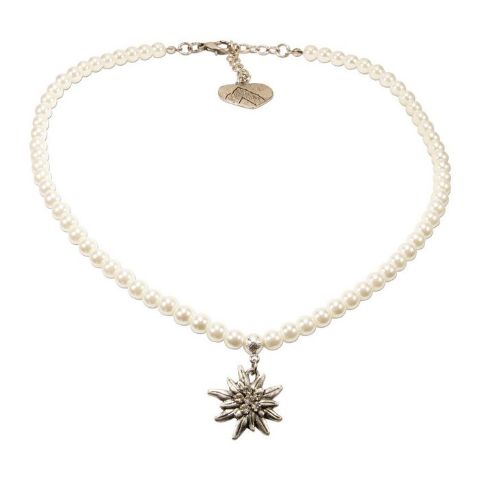 Alpenflüstern Collier Perlen-Trachtenkette Strass-Edelweiß klein (creme-weiß) - Damen-Trachtenschmuck Dirndlkette