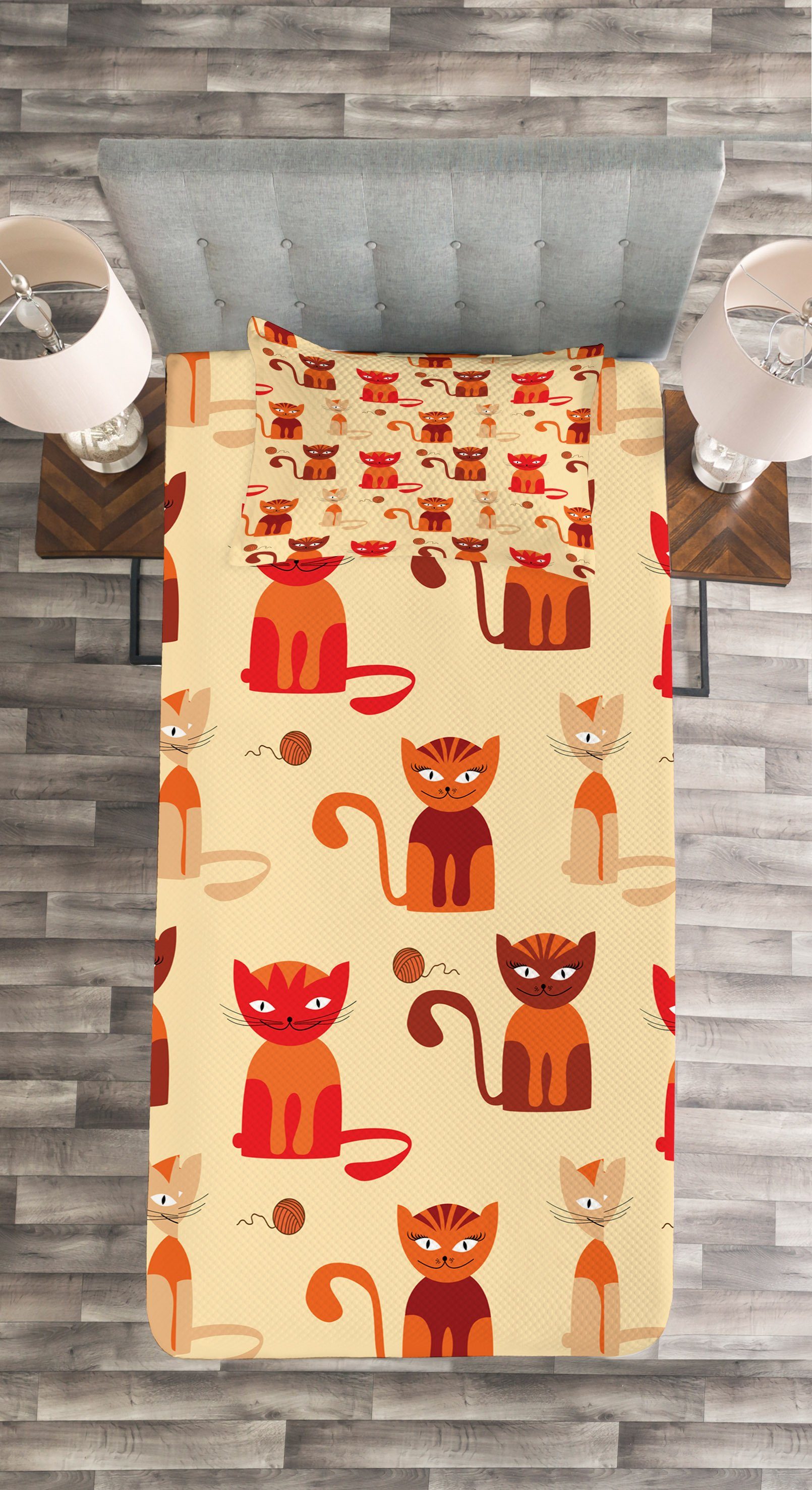 Paprika Kätzchen Set Abakuhaus, Tagesdecke Ton Kissenbezügen Waschbar, orange Katzen mit in