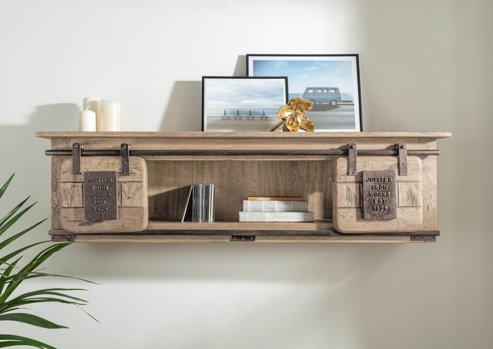 Massivmoebel24 Wandregal RAILWAY, 1-tlg., Mango 130x25x35 whitewash lackiert RAILWAY #365