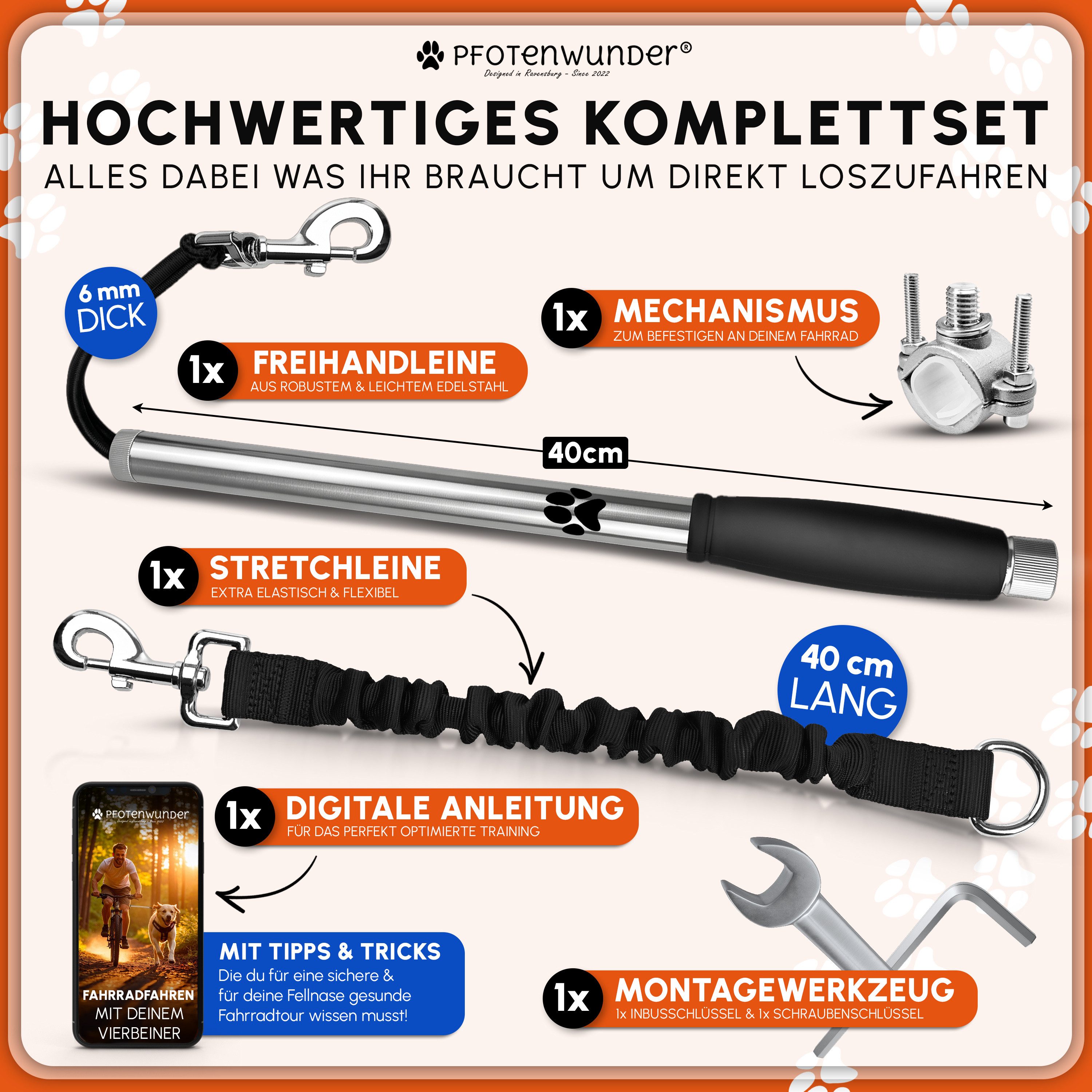 PfotenWunder Fahrradleine Hunde-Fahrradleine, 6mm Leine, Abstandhalter Hund, Hochwertiger Edelstahl