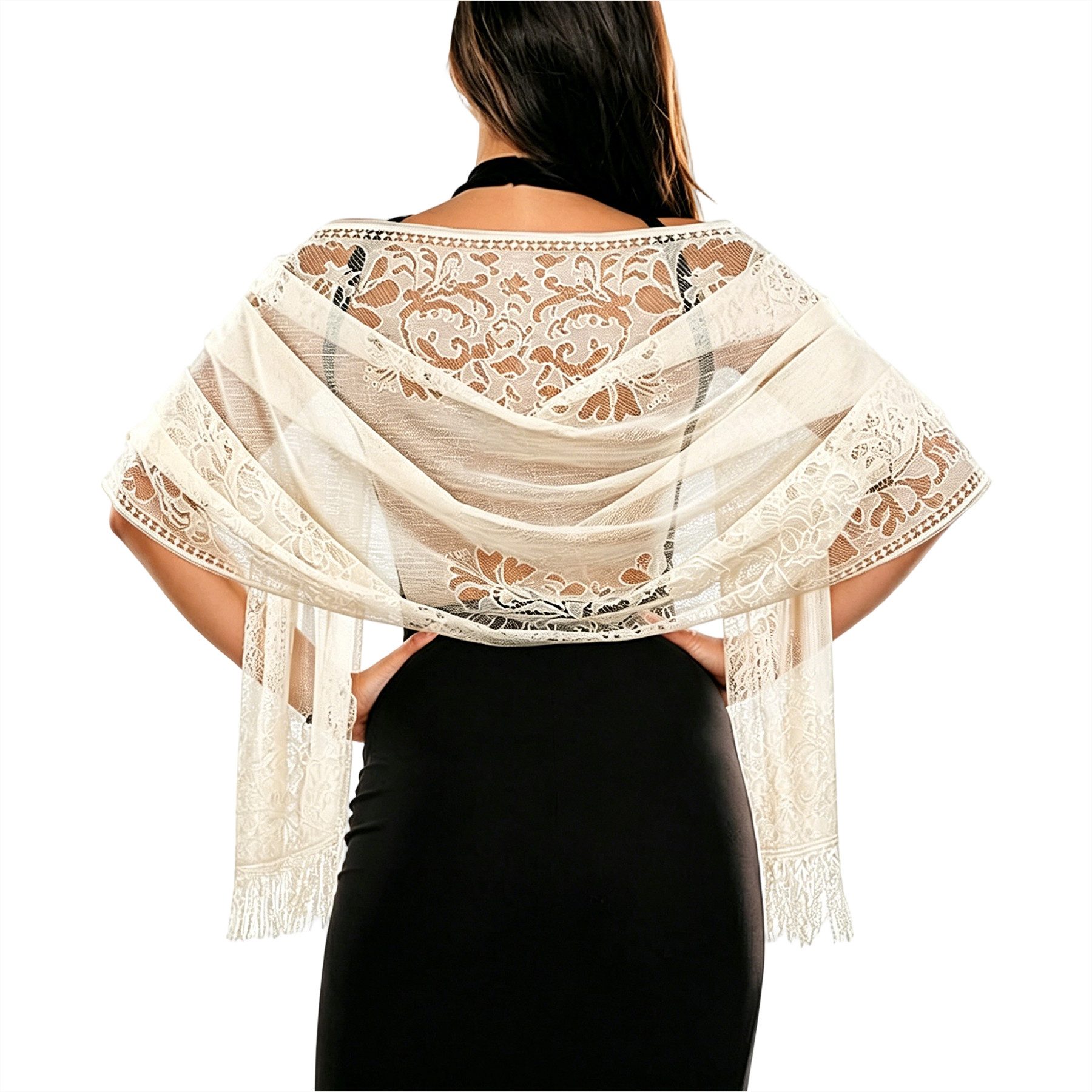 Mutig Modeschal Spitze Stola für Damen, weiches Lace Schultertuch Scha, (Festlicher Spitzenschal mit Quasten, elegantes Umschlagtuch, leichtes Schultertuch, Soft Chiffontuch, 185× 65 cm), Für Sommer Abendkleid Schal Abend Party Mesh Hochzeit Schals
