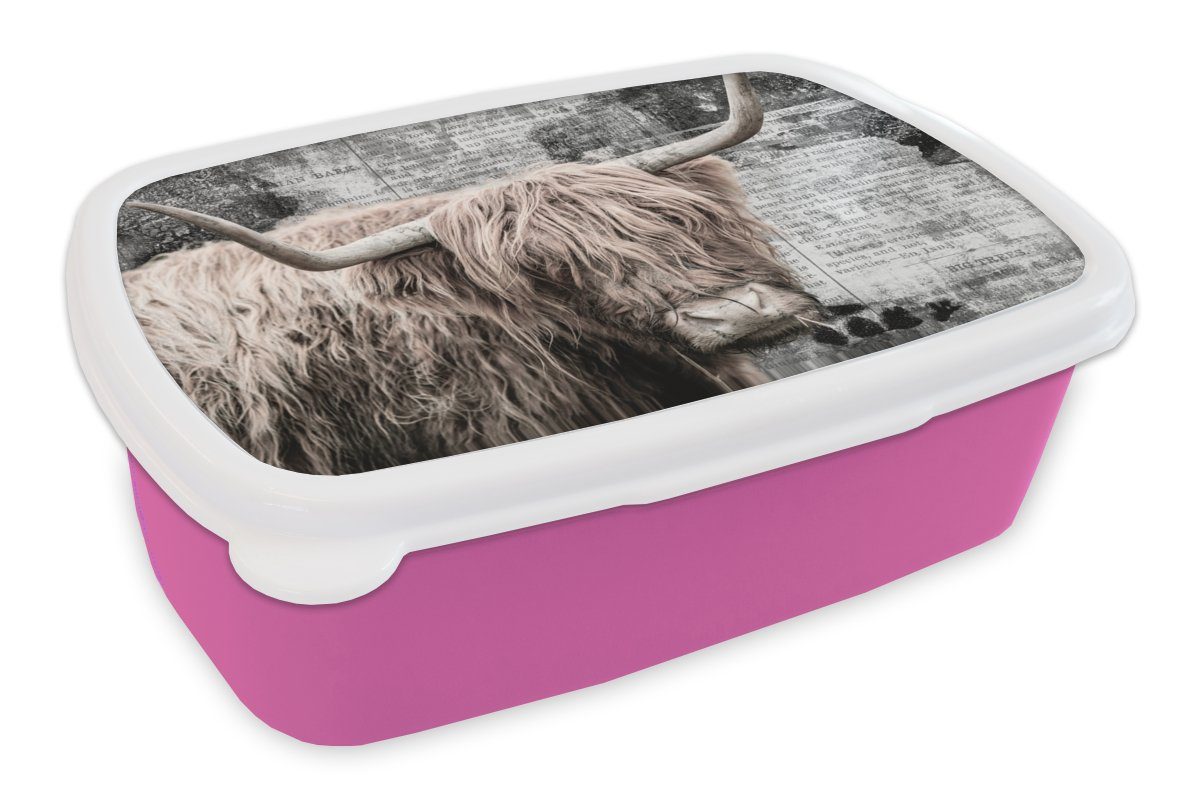 MuchoWow Lunchbox Schottischer Highlander - Kuh - Retro, Kunststoff, (2-tlg), Brotbox für Erwachsene, Brotdose Kinder, Snackbox, Mädchen, Kunststoff rosa