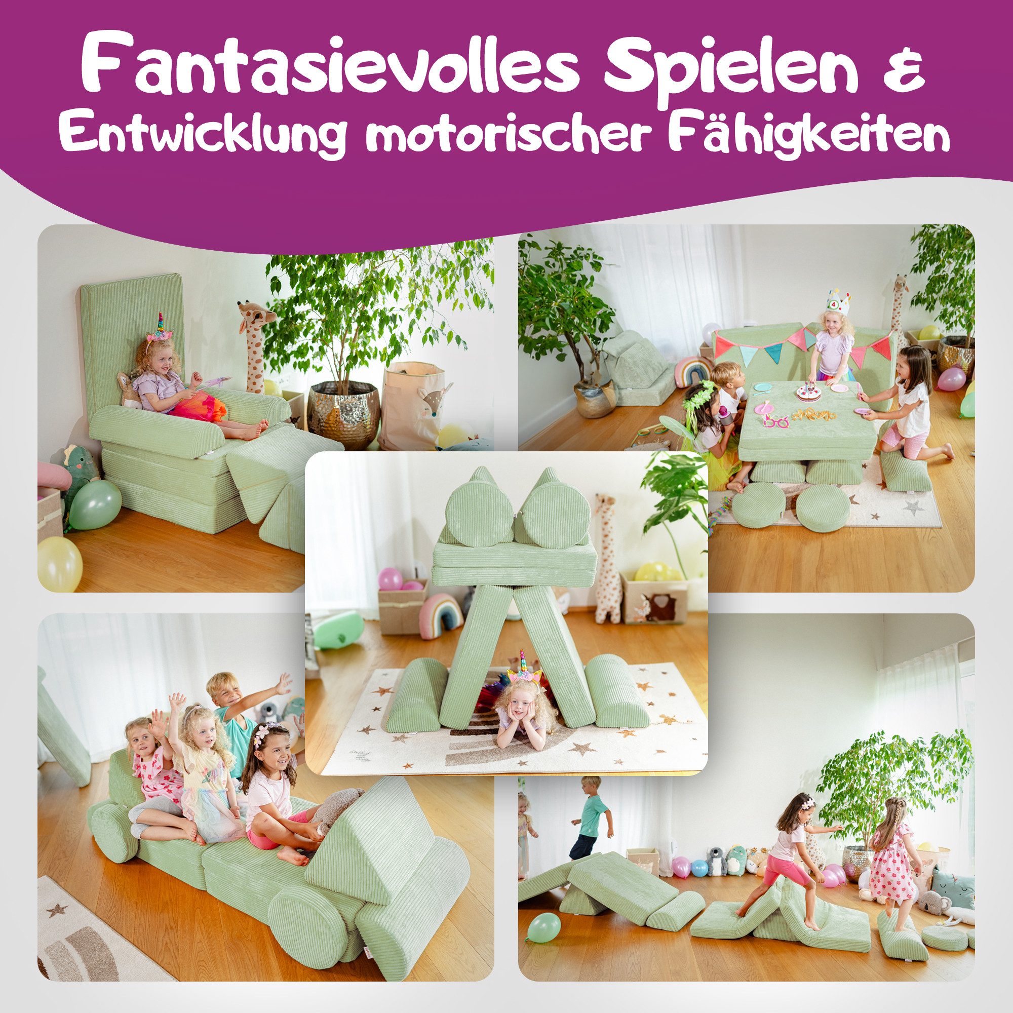 Linodino Kindersofa Spielsofa I Schaumstoff Stapelsteine für Kinder I Kindercouch, 3 Jahre Garantie