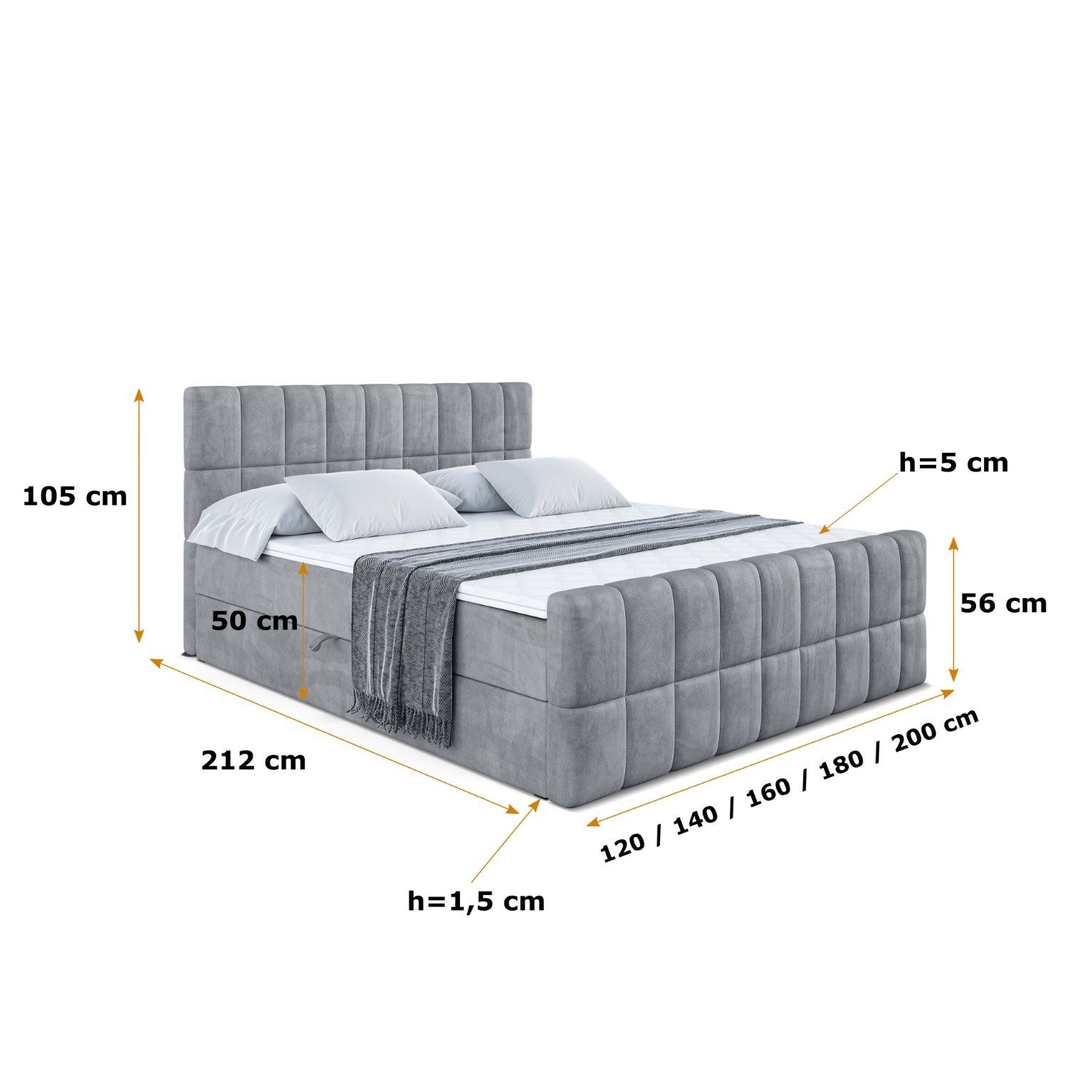 ALTDECOR Boxbett MIAMI-Z (Multipocket-Matratze H4, H3 Matratze Bonellfederung, Topper, Kopfteil), Doppelbett mit Fußteil