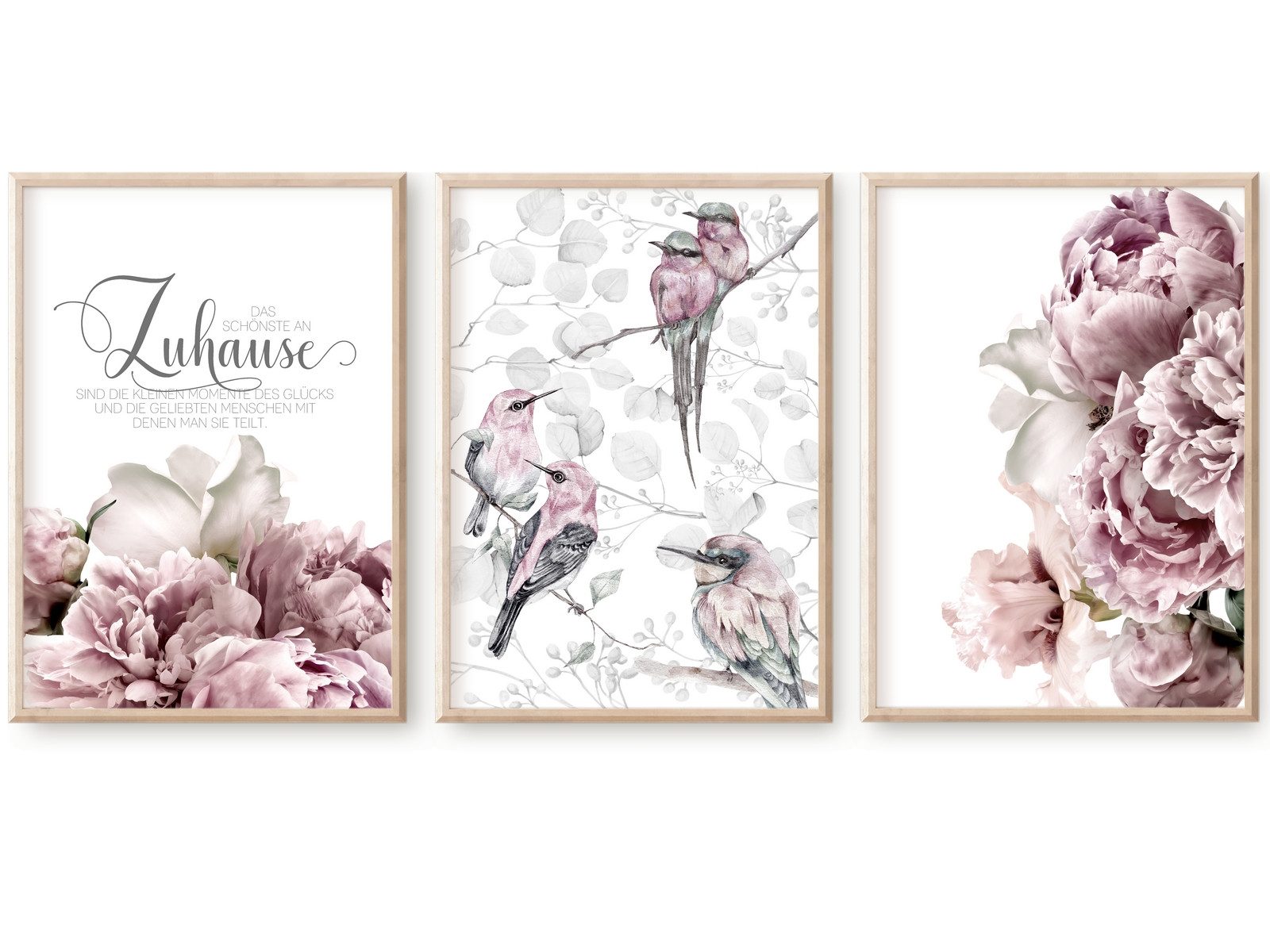 homestyle-accessoires Poster Bilderset DAS SCHÖNSTE AN ZUHAUSE... PFINGSTROSEN VOGELPAAR Prints, (3 St), - OHNE BILDERRAHMEN - Sorgfältige & sichere Verpackung
