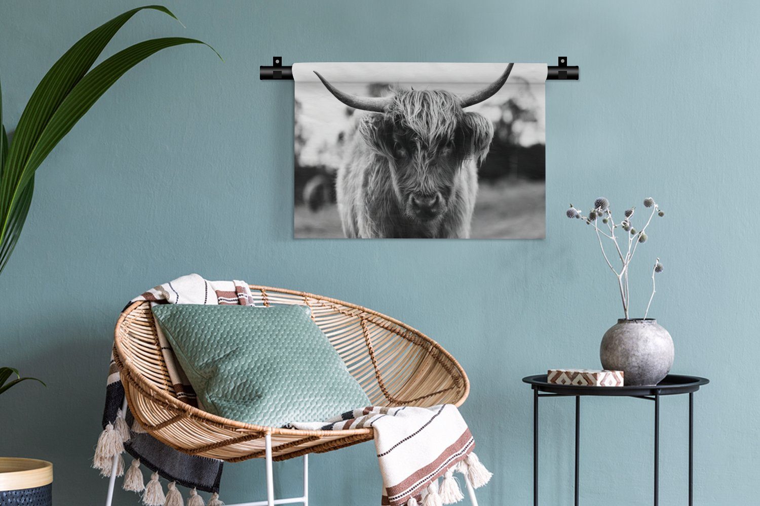 Wanddekoobjekt Wohnzimmer, Schottischer Kuh Wanddeko - Tiere Highlander Gras Kinderzimmer - Schlafzimmer, Kleid, MuchoWow Natur, - für - Wandbehang,