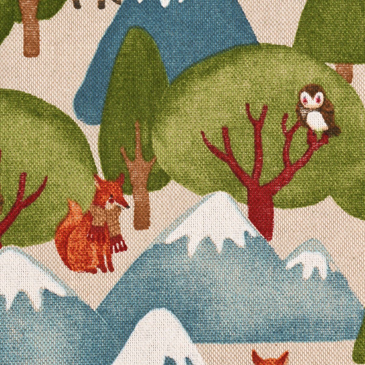 Stoff Dekostoff Meterware Wald Berge Wintertiere Fuchs Eule natur grün blau