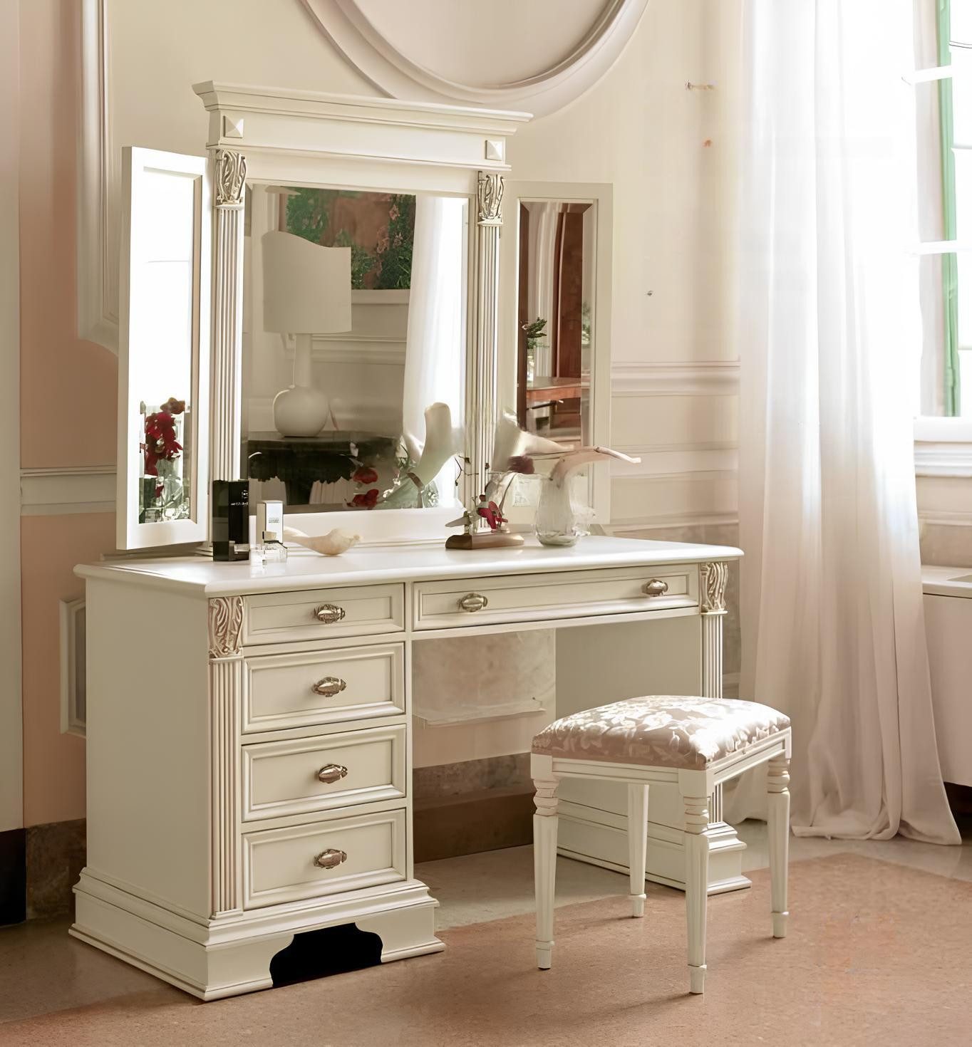 JVmoebel Schminktisch Spiegel und Hocker in Weiß, klassisches Design aus Italien (Set, 3-St., 3-er Set), Made in Europa