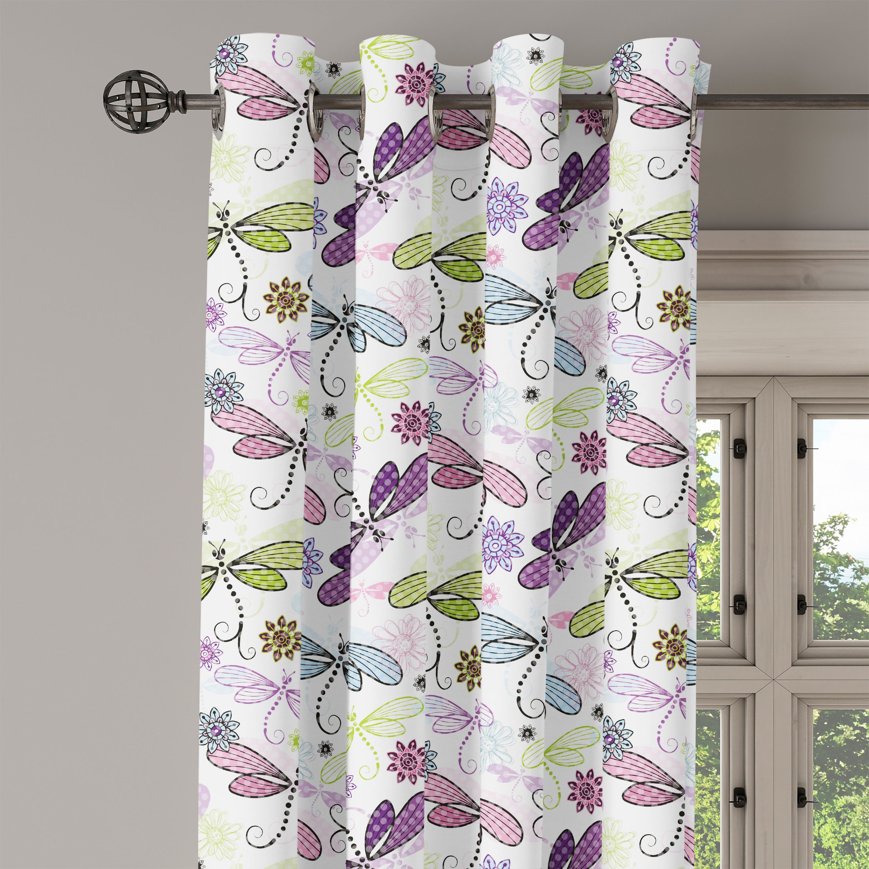 für Abakuhaus, Libellen Abstrakt Gardine Dekorative Blumen Wohnzimmer, Schlafzimmer 2-Panel-Fenstervorhänge