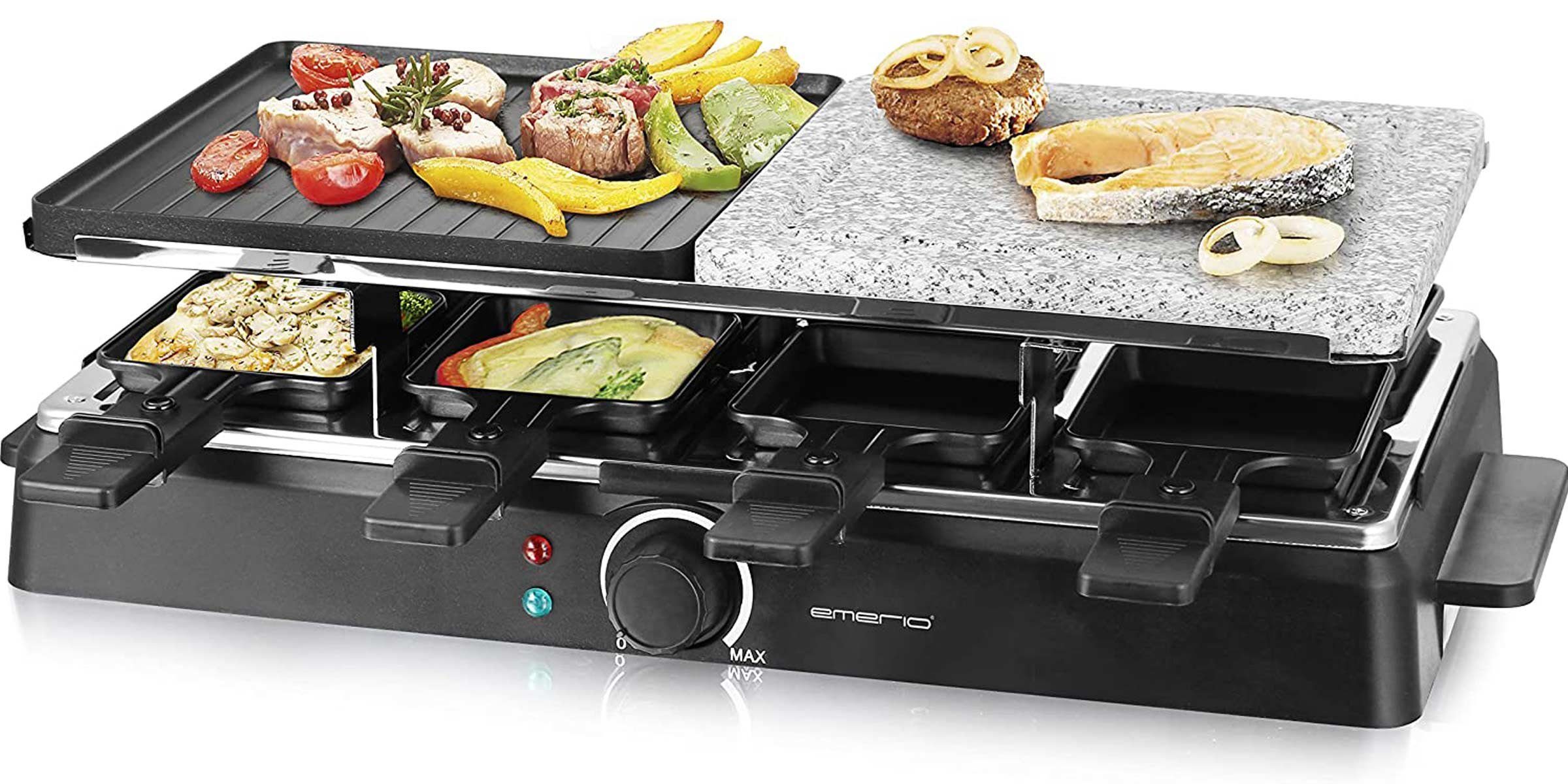 Emerio Raclette RG-126708 Raclette-Grill Heißer Stein für bis zu 8 Personen, 8 Raclettepfännchen, 1400 W | 