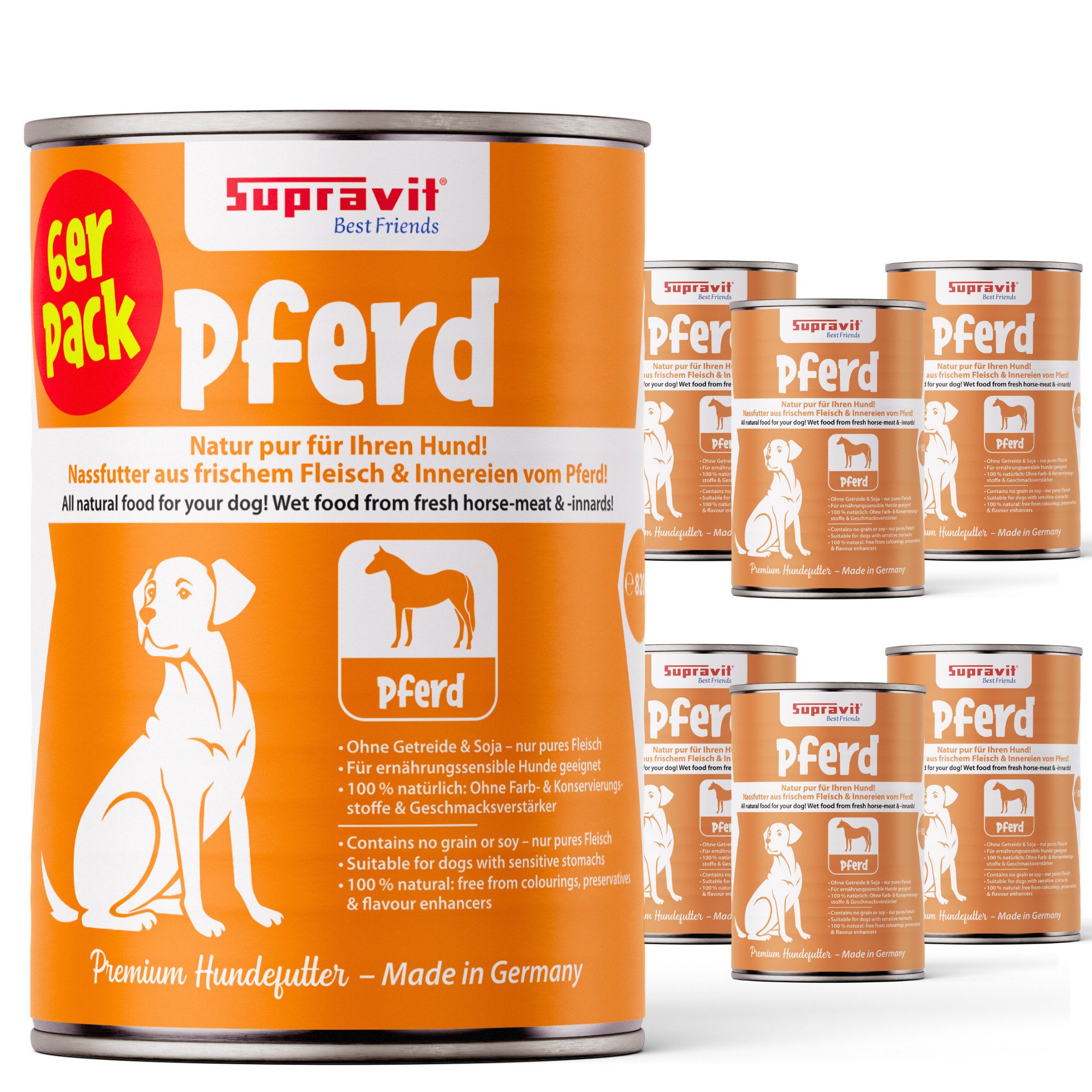 Supravit Nassfutter für Hunde 6 x 820g Dosen - Schmackhaftes Hundefutter nass Pferd, Nassfutter für: Hund