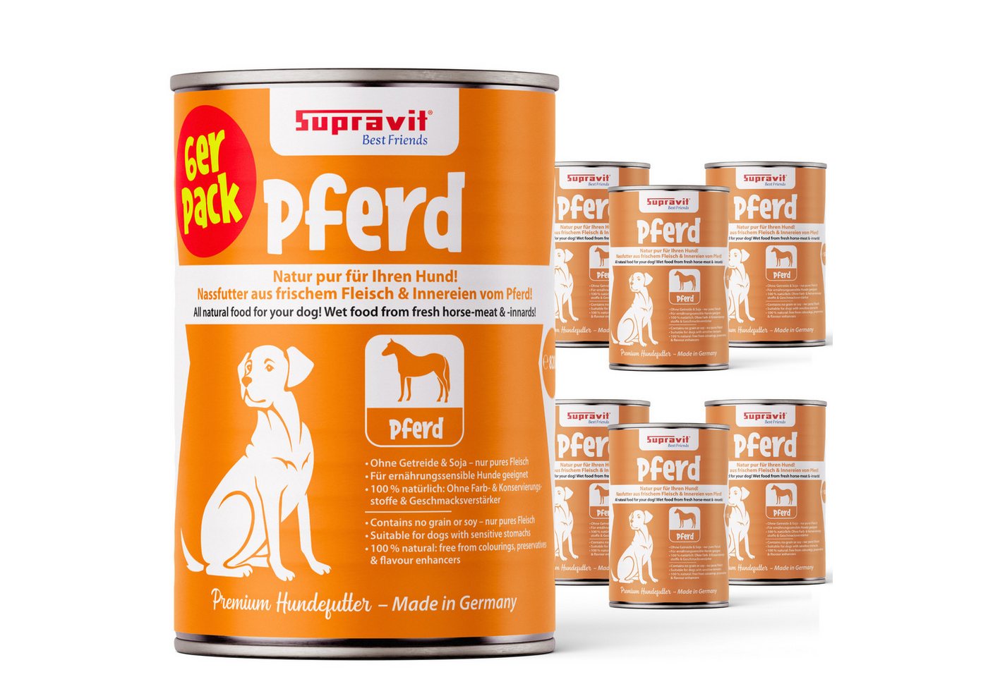 Supravit Nassfutter für Hunde 6 x 820g Dosen - Schmackhaftes Hundefutter nass Pferd, Nassfutter für: Hund