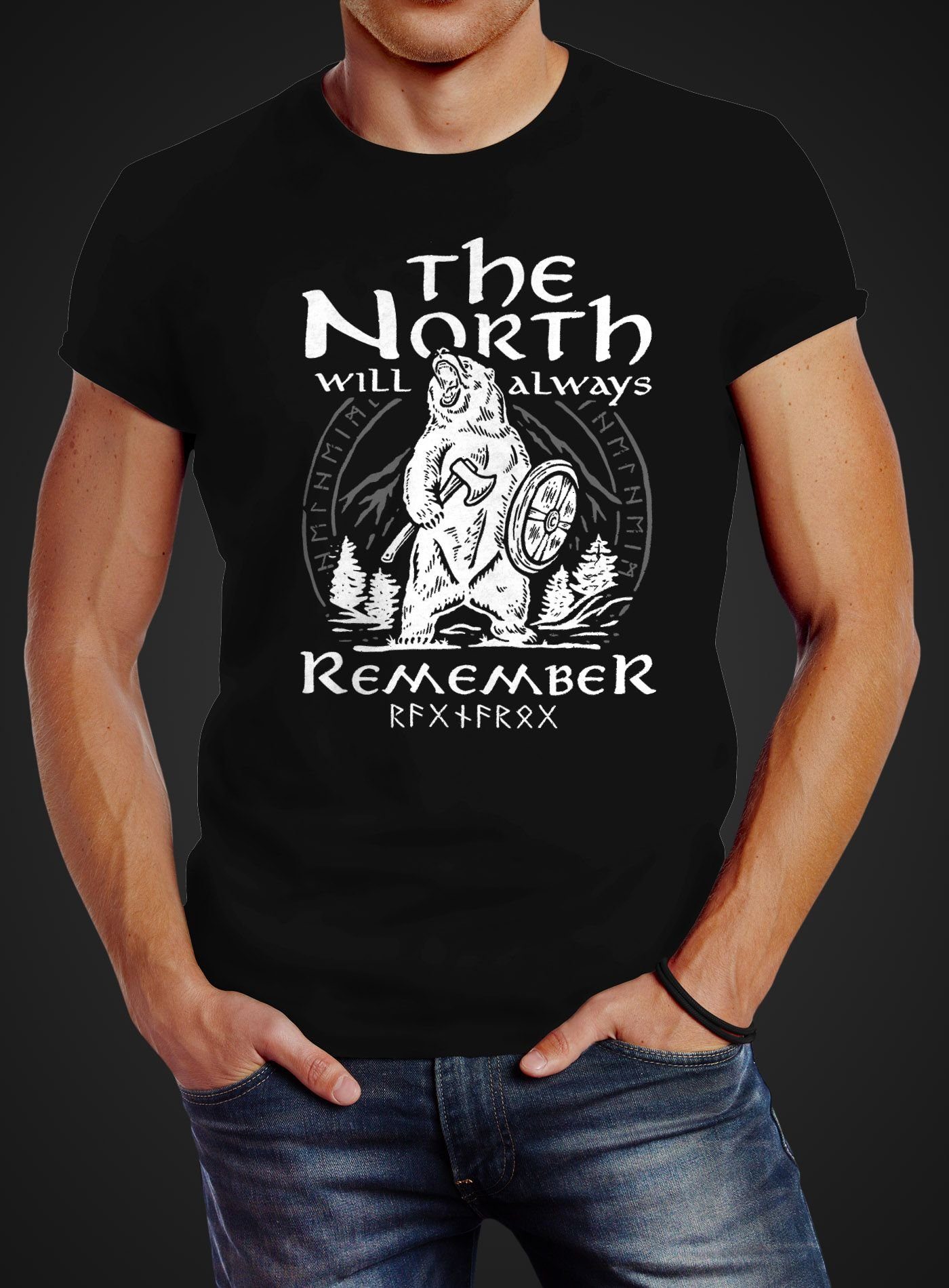 Natur Print-Shirt Runen mit T-Shirt Adventure Neverless Wiking Neverless® Bär North Streetstyle Print Herren Fashion the