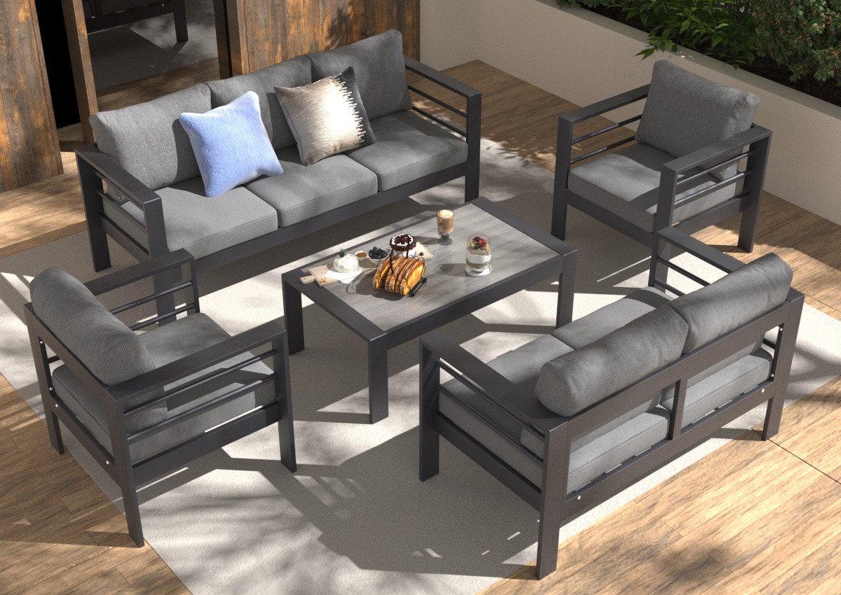 MeXo Gartenlounge-Set Gartenmöbel Set Aluminium 7 Personen outdoor wetterfest, (12cm Deluxe Relax-Sitzkissen, 5-tlg., Belastbarkeit pro Sitzplatz 140kg), Lounge Gartenmöbelset xxl luxus, Tischplatte aus WPC