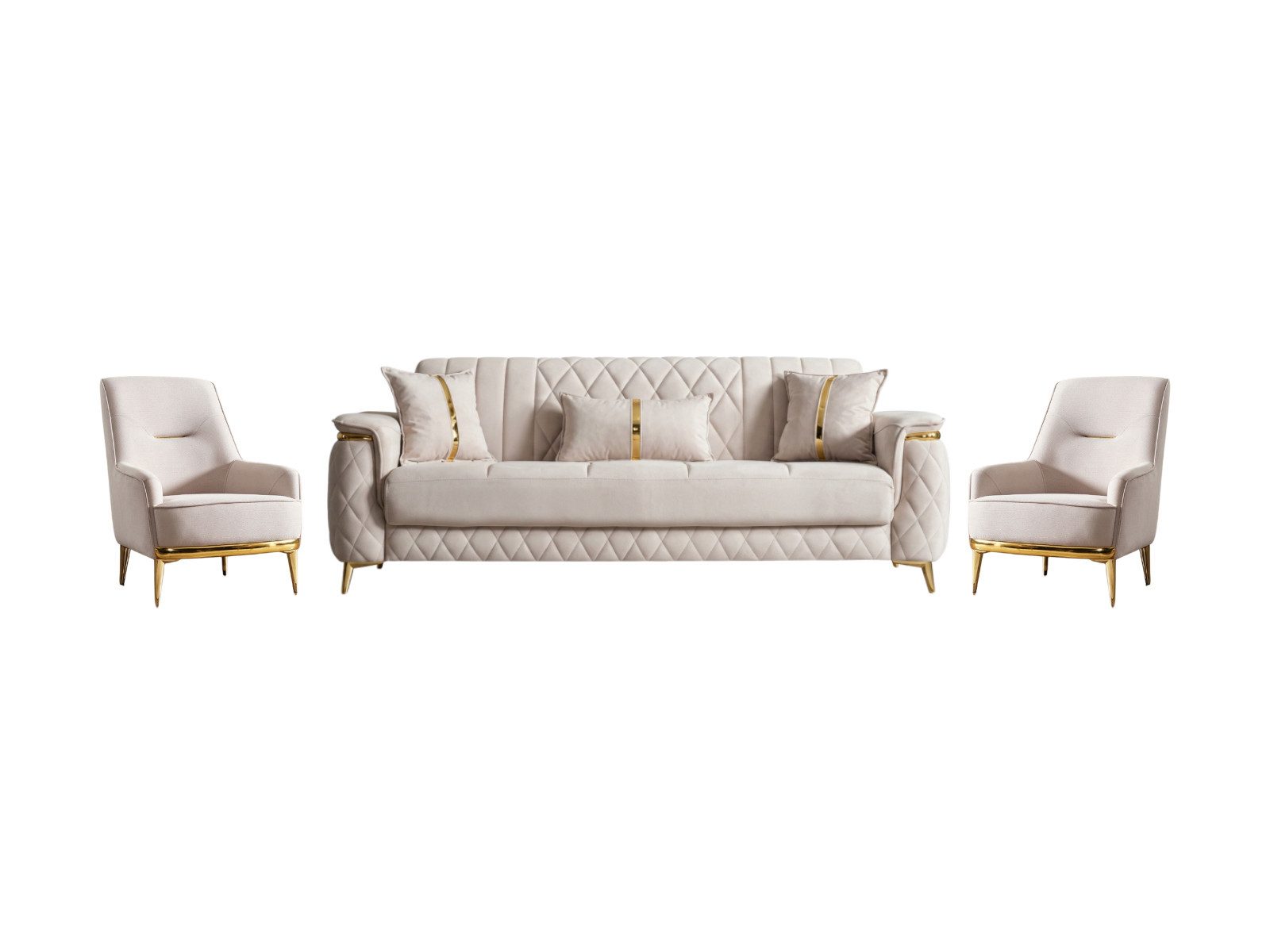 Villa Möbel Polstergarnitur Pasadena, (3-tlg. Set, Set besteht aus: 3-Sitzer + Sessel + Sessel), Beige mit Schlaffunktion durch aufklappbare Sitzfläche