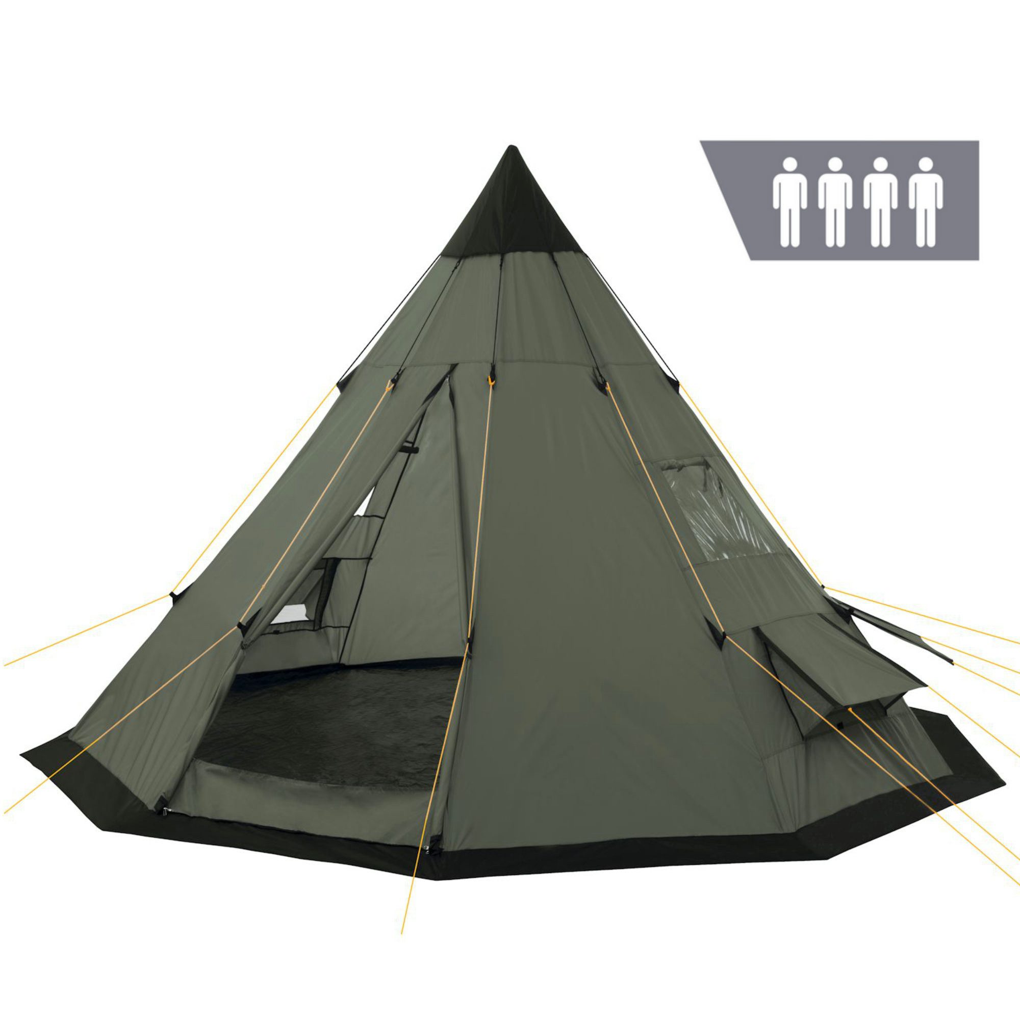 CampFeuer Tipi-Zelt Tipi Zelt Spirit für 4 Personen, 3000 mm Wassersäule, Olivgrün, Kegelz, Personen: 4