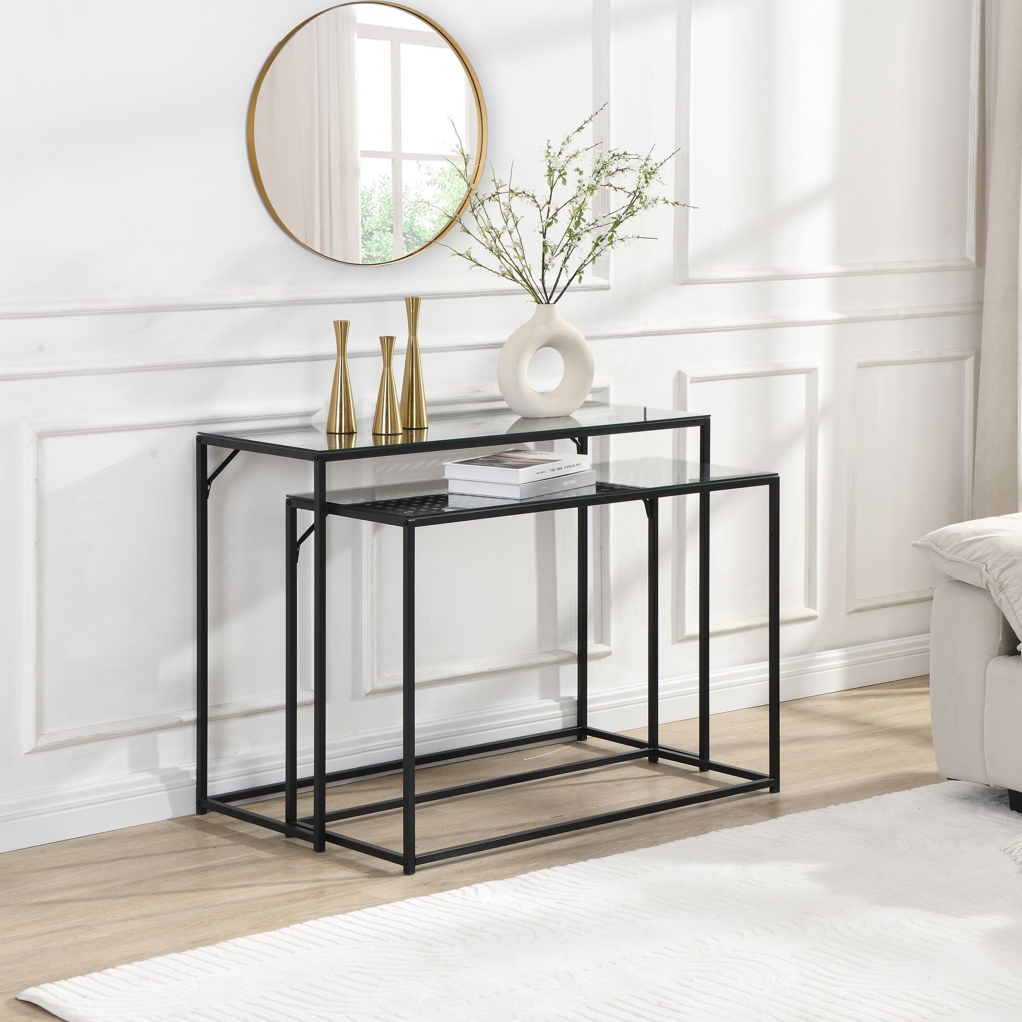 FINEBUY Konsolentisch FB72750 2er Set e Flurtische Metall Glasplatte Modern Industrial (Dekotische 2er Set Schwarz Glas Metall Modern), Ablagetische Wohnzimmer, Glastische Platzsparend