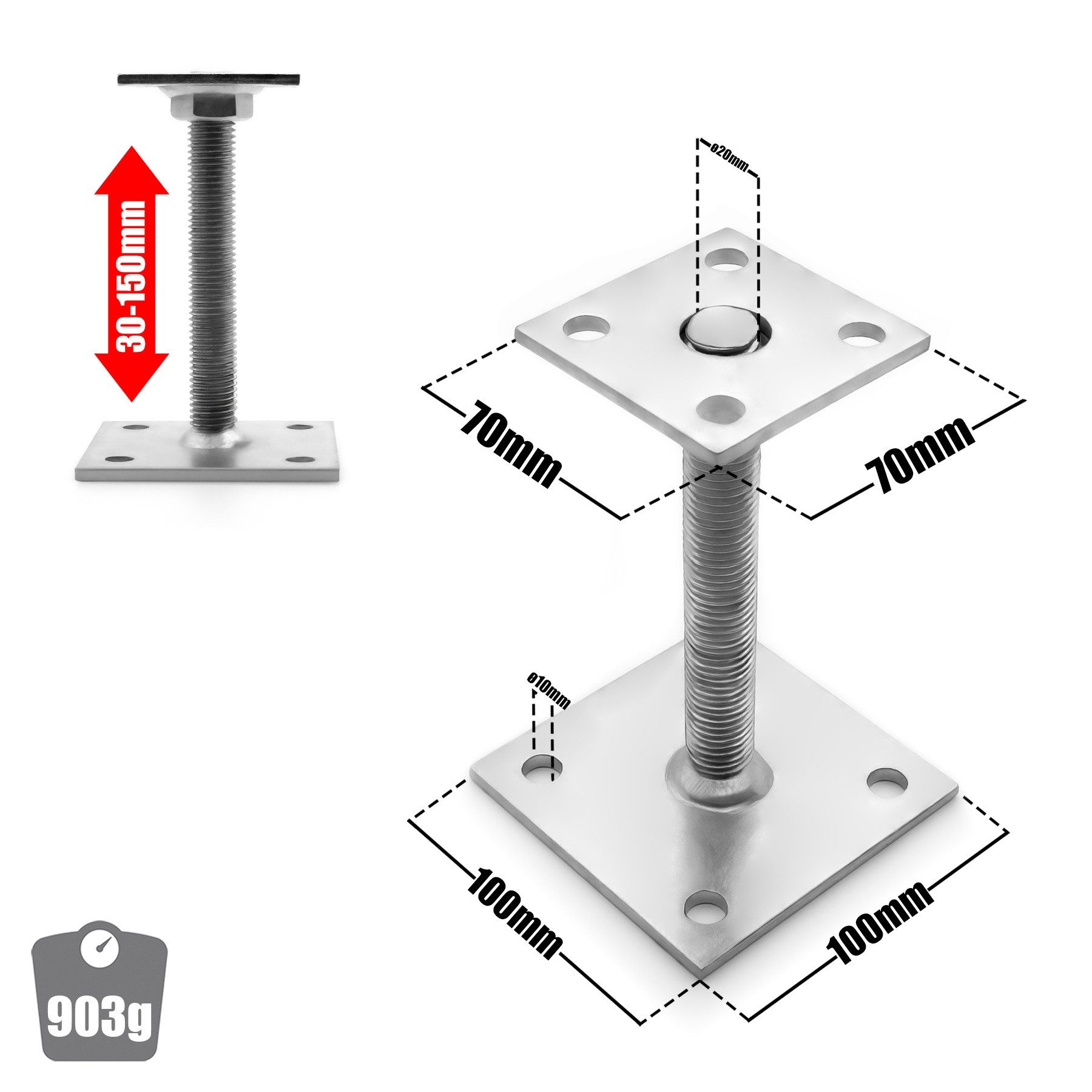 BigDean Pfostenträger Aufschraubbar Höhenverstellbar Verzinkt Korrosionsresistent, für 70mm Pfosten, Längen der Träger 30-150mm und 150-190mm, Aufschraubmontage, (Packung, 1-St., Pfostenträger), Flexibel höhenverstellbar, Praktische Aufschraubmontage, Verzinkt