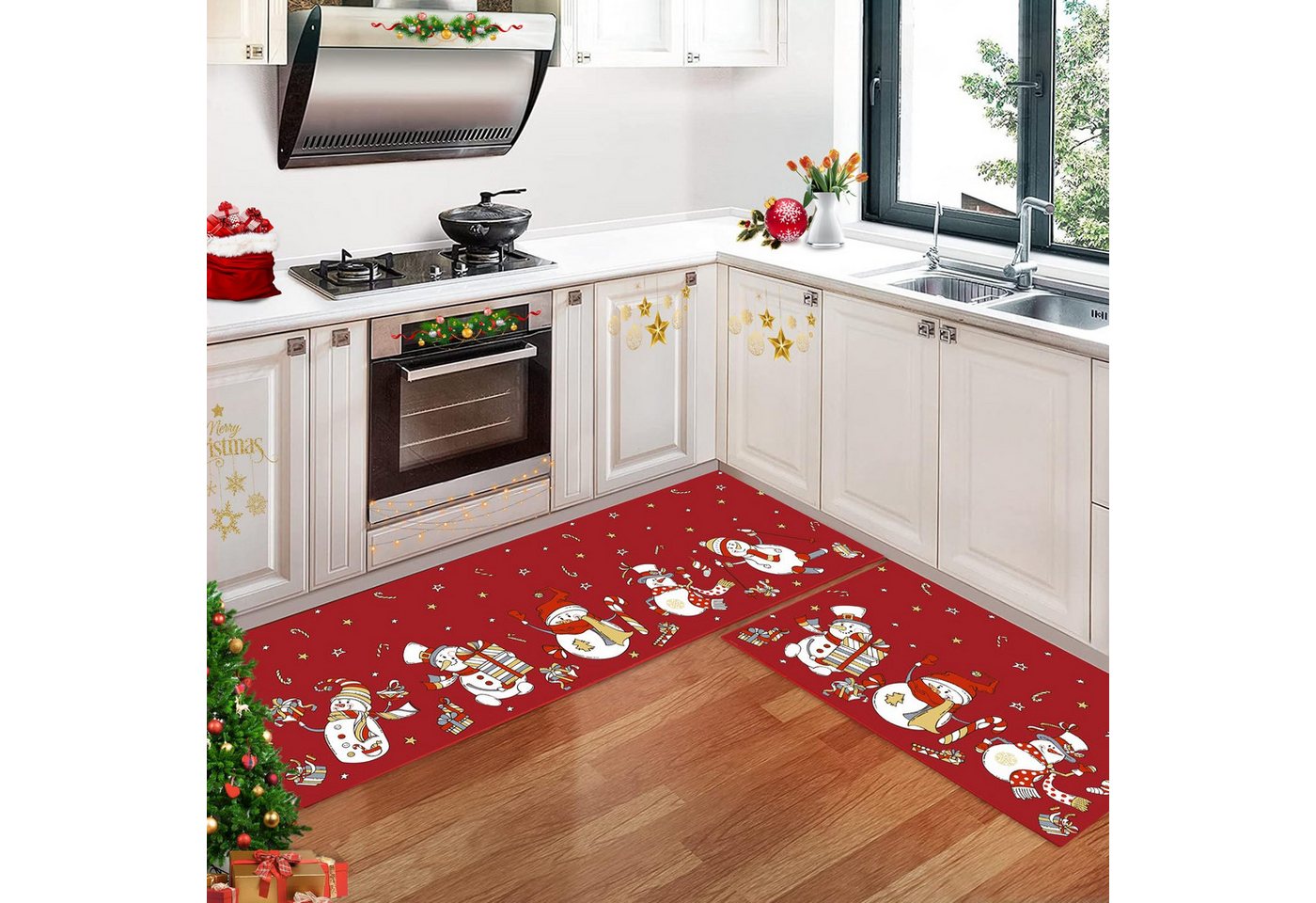 GarveeMore Fußmatte Weihnachts Teppich Set rutschfest, Hochdichtes Polyester, Waschbar Türmatte in Rot & Blau für Innen & Außen