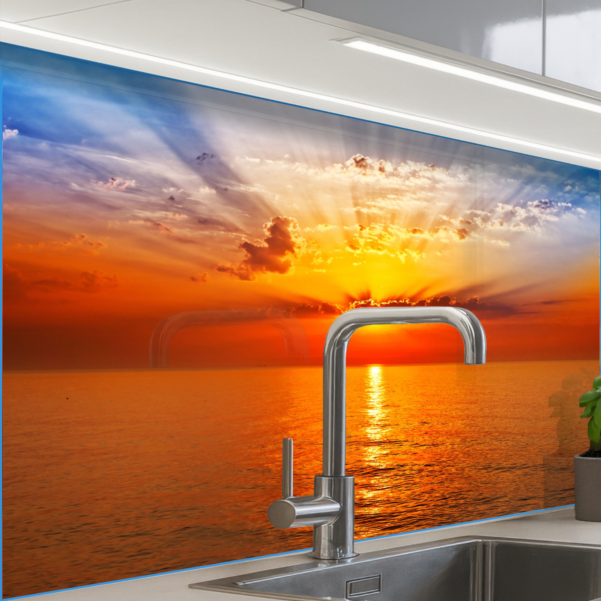 KitchenYeah Küchenrückwand selbstklebend Sonnenuntergang - Meer - Himmel - Orange - Horizont - Wa, (1-tlg), Spritzschutz, Küche, Rückwand, Küchenwand, Küchenfront, 80x60 cm