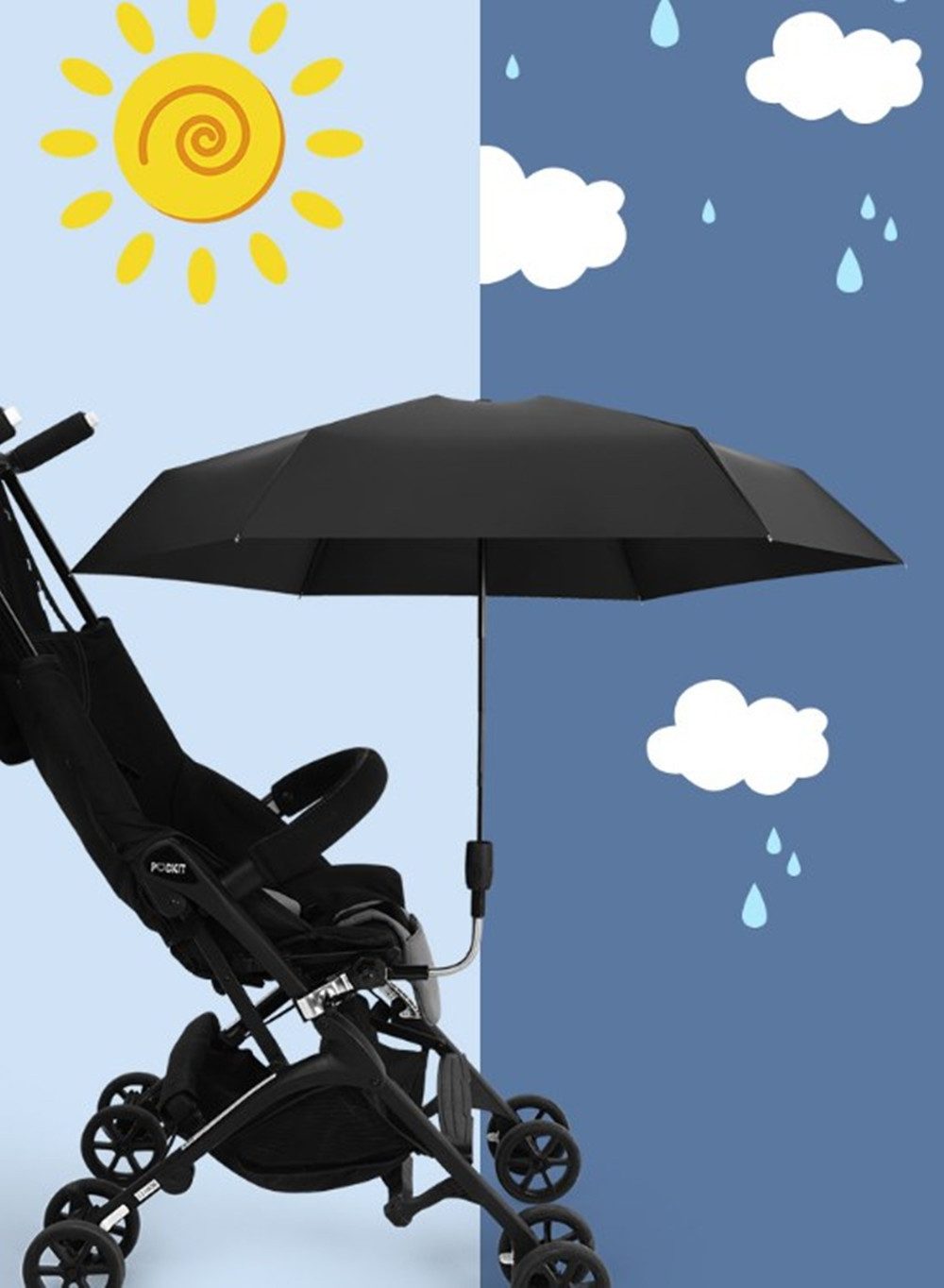 XDeer Partnerschirm Sonnenschirm Kinderwagen,Freie Lenkung Einstellbar Abnehmbar, Universeller Klemme,uv schutz UPF,Regenfest,90cm,Mit Schirmständer