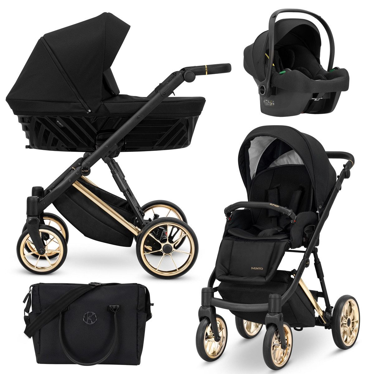 KUNERT Kombi-Kinderwagen Ivento Premium 3in1 Kinderwagen mit Goldrahmen und Zubehör, Leichtes Aluminiumgestell, große Räder für verschiedene Untergründe