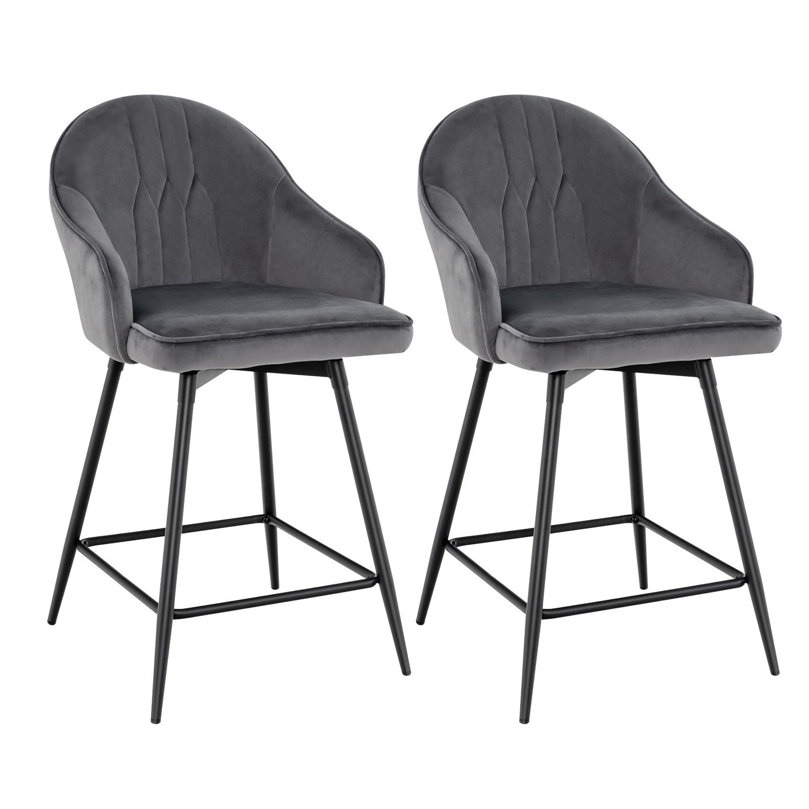 COSTWAY Высокие табуреты, 2er Set, mit Lehne&Fußstütze, Samt, Sitzhöhe 61cm, drehbar