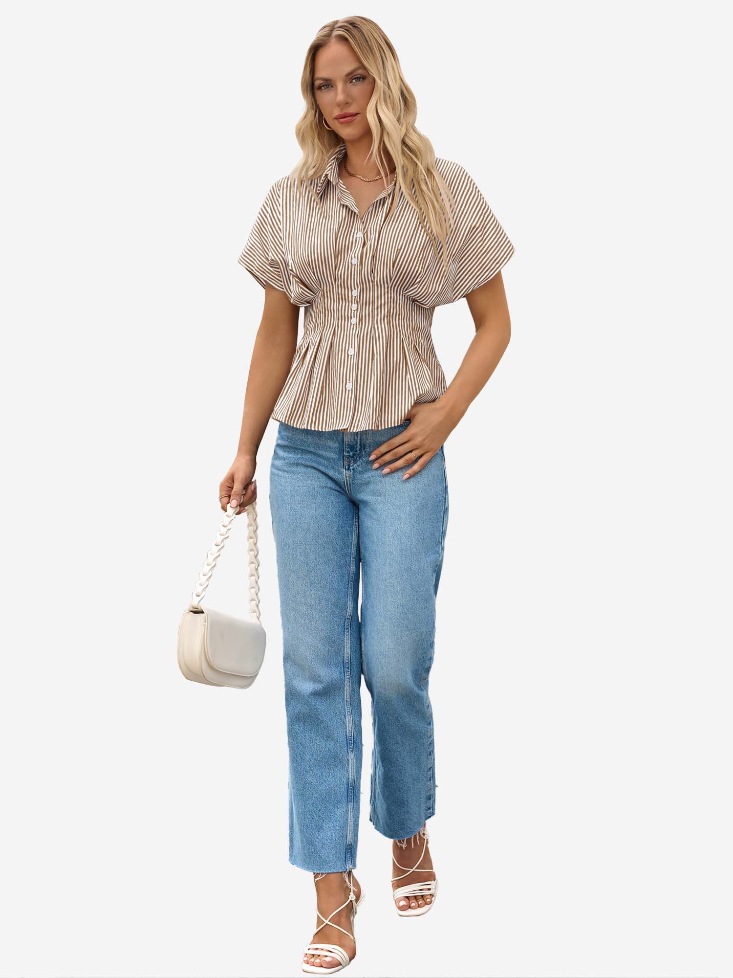 Imily Bela Blusentop Damen Gestreifte Hemdbluse Für Alltag & Büro (Packung, 1-tlg., 1per-Pack) Gürtel