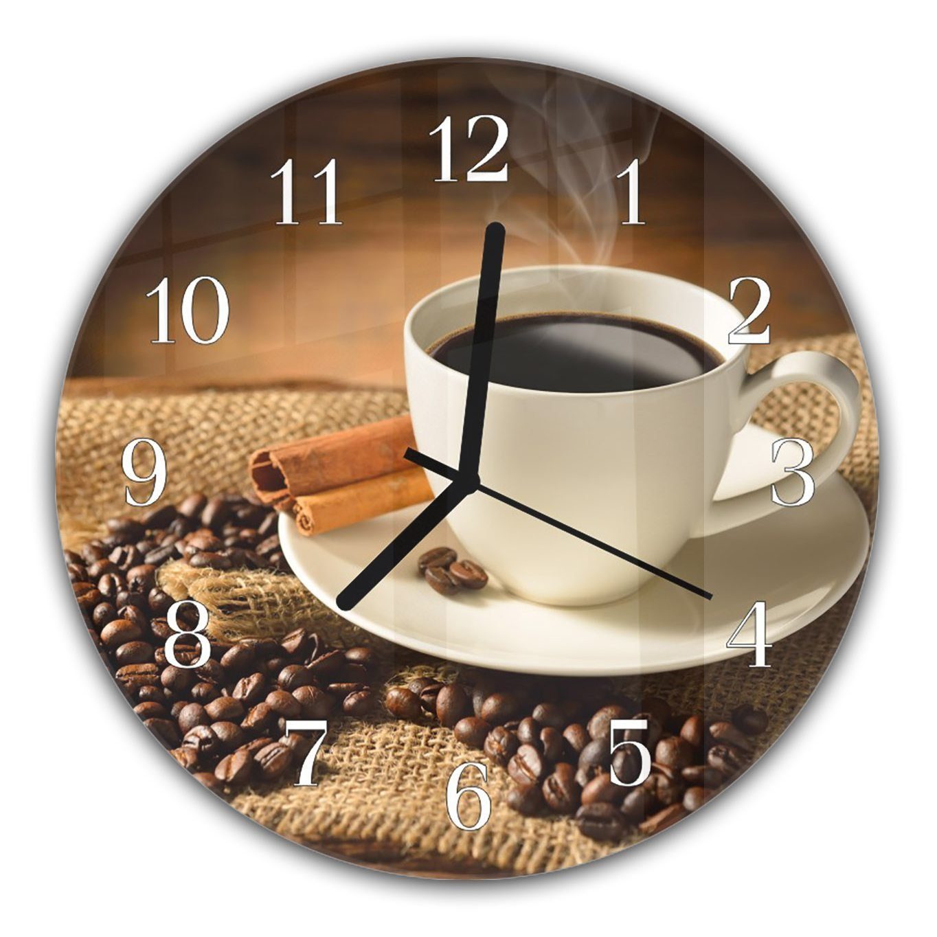 Primedeco Wanduhr Wanduhr aus Glas mit Motiv Kaffeetassen Kaffeebohnen - Rund mit Durchmesser 30 cm und Quarzuhrwerk