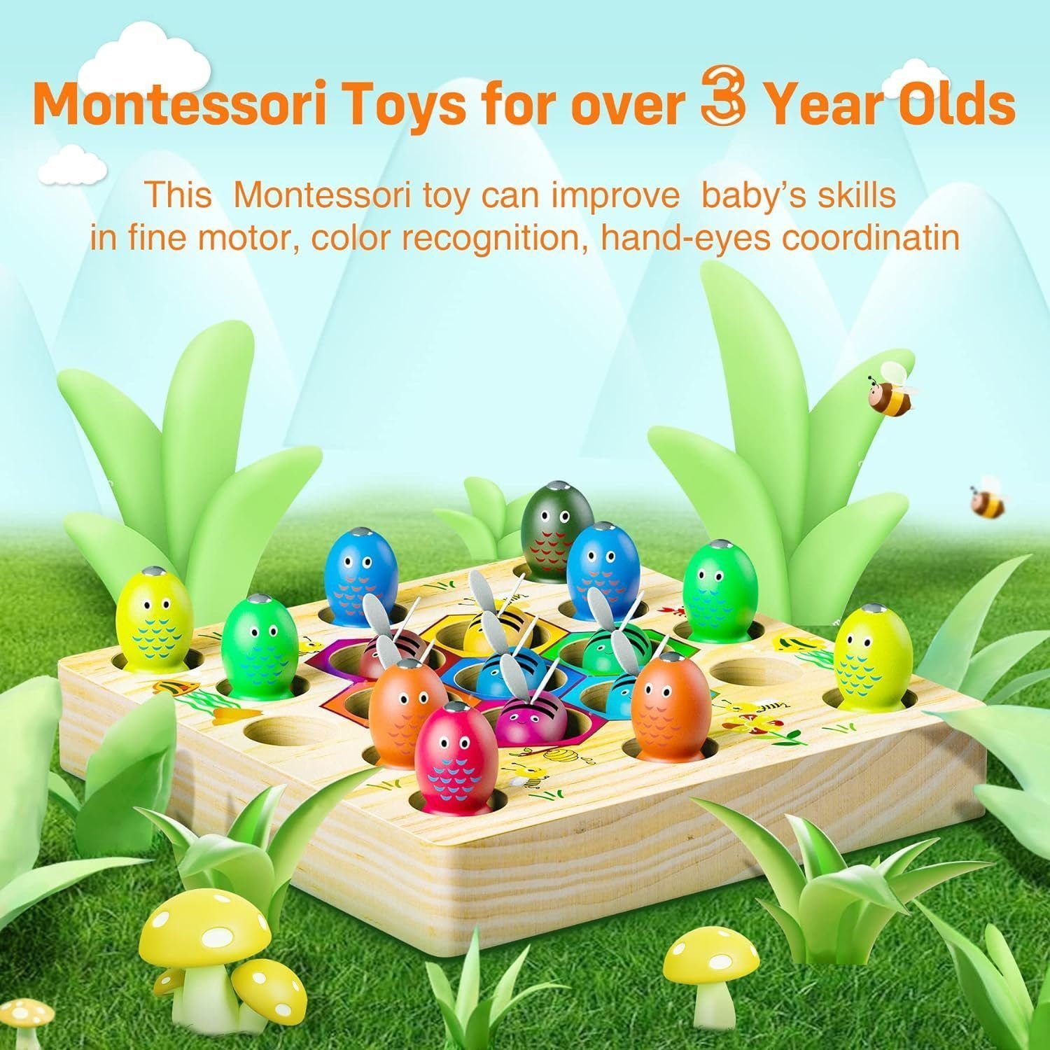 POPOLIC Lernspielzeug Magnetische Angelspiel ab 2 Jahre, Montessori Spielzeug 2 in 1 Baby (1-St., Holzspielzeug, Motorikspielzeug Fische Angeln Spiel 1 Set 2 3 4 Jahre), Mädchen Junge Geschenke für Kinder(Patentschutz)