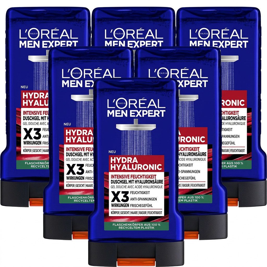 L'ORÉAL PARIS MEN EXPERT Duschgel HYDRA HYALURONIC DUSCHGEL, 6-tlg., Feuchtigkeitsspendend, mildert Spannungen, mit Zitrusnote.