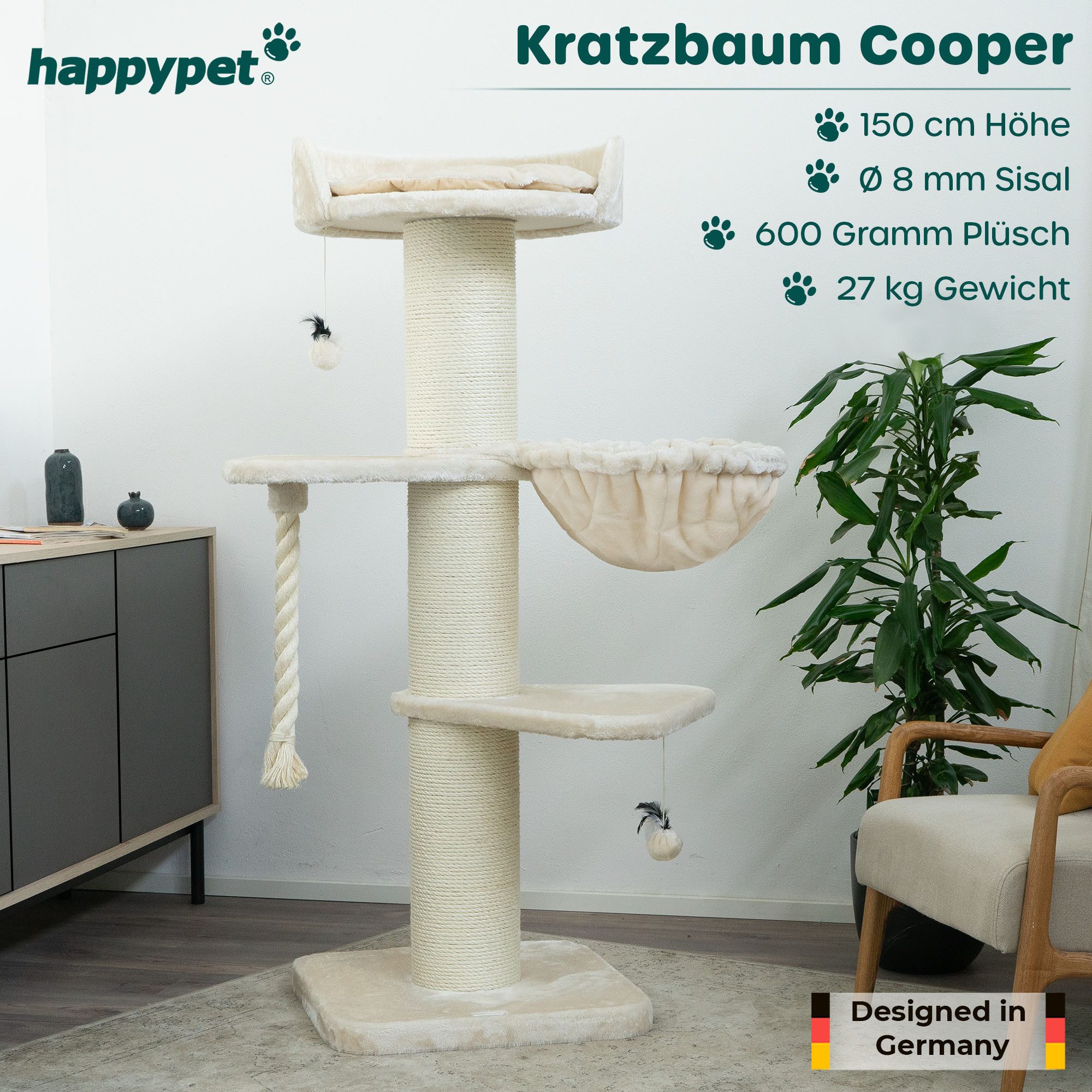 Happypet Kratzbaum COOPER, Katzenbaum 'Cooper', Gesamthöhe 150 cm, mit Spielseil und Spielball