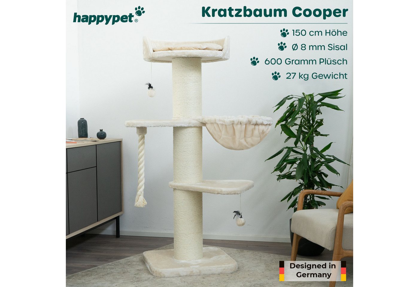 Thumbnail - Happypet Kratzbaum COOPER, Katzenbaum 'Cooper', Gesamthöhe 150 cm, mit Spielseil und Spielball