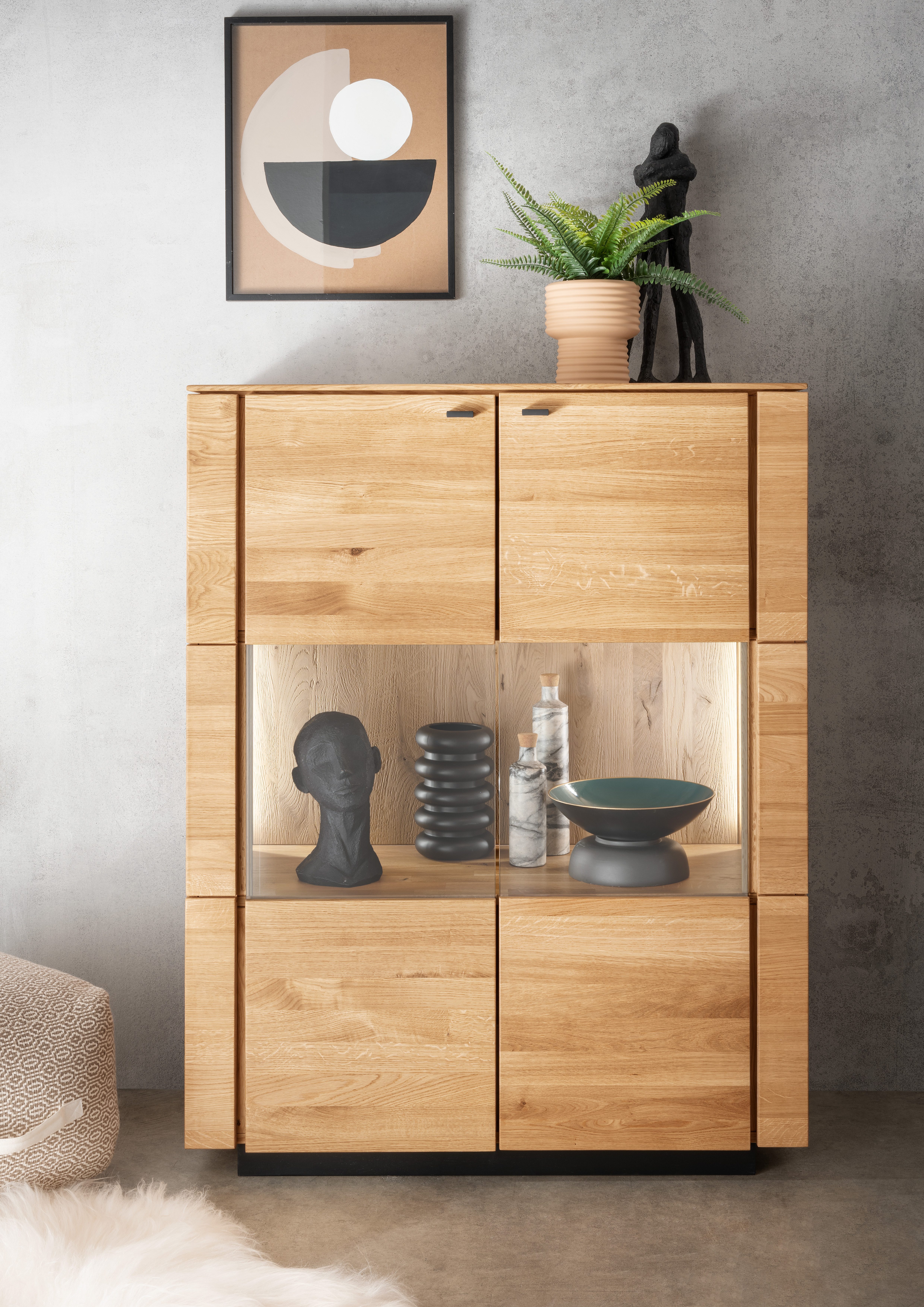 Woodroom Highboard Zwettl (Wildeiche massiv geölt), Maße 99x127x42, Kommode, Schrank mit Glastür, massiv
