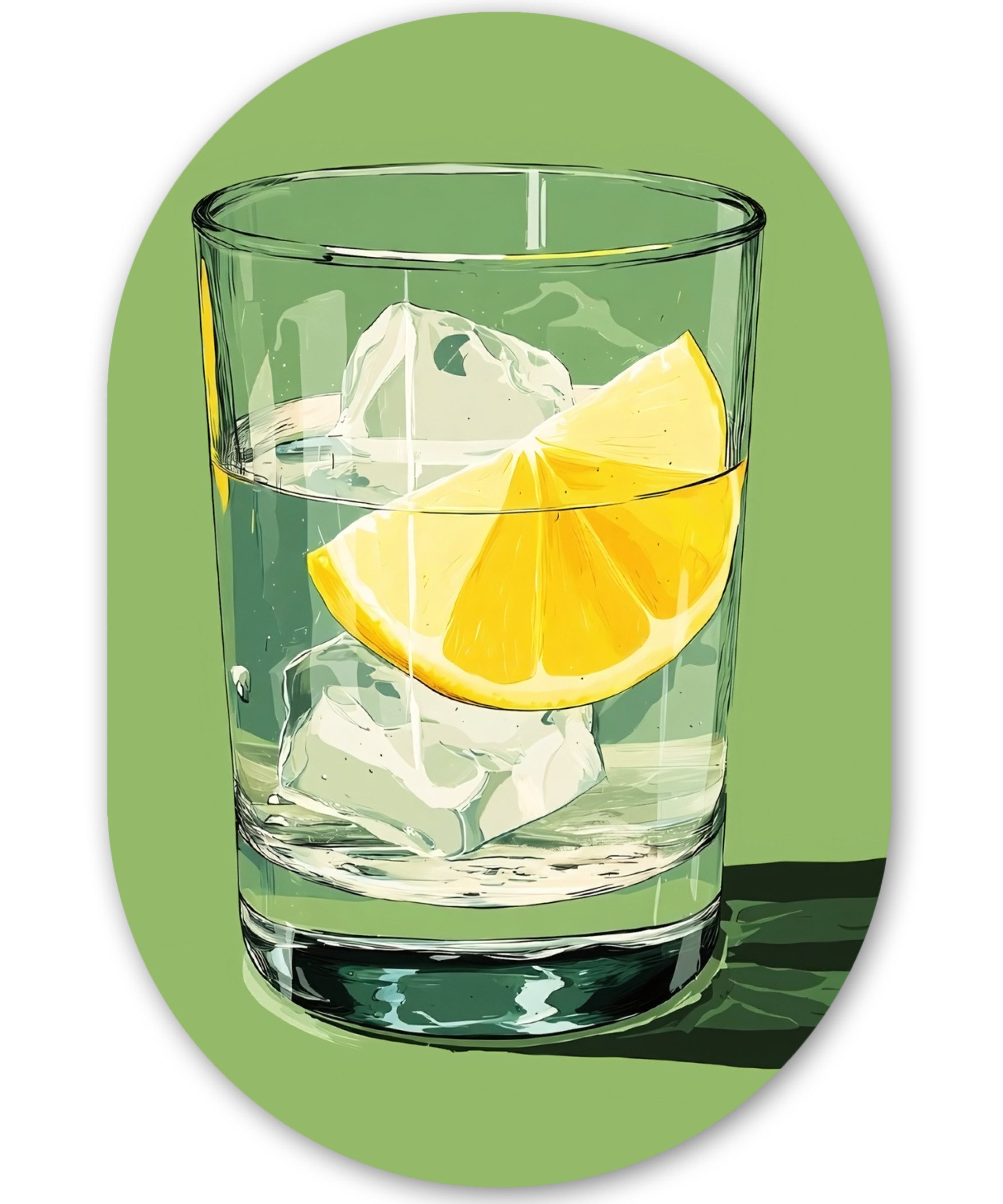 MuchoWow Gemälde Glas - Zitrone - Eiswürfel - Grün, Fotodruck (1 St), Wandbild Oval, Wohnzimmer oder Schlafzimmer Wanddekoration, 40x60 cm