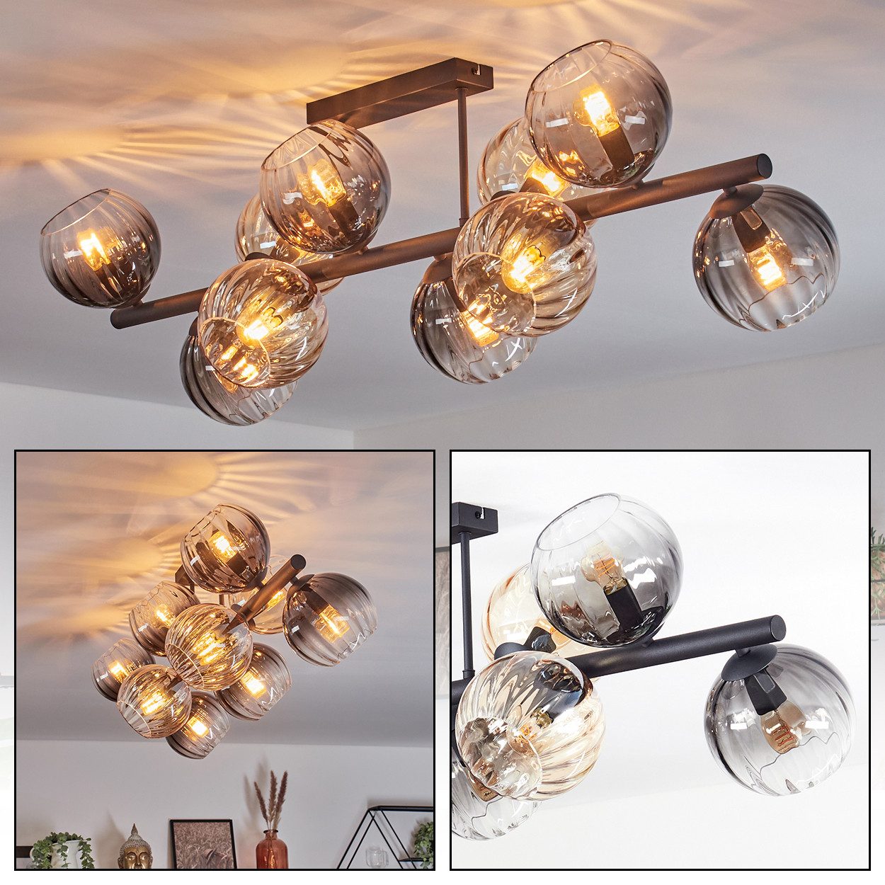 hofstein Deckenleuchte Deckenlampe aus Metall/Riffelglas in Schwarz/Rauch/Bernstein/Klar, Deckenleuchte im Retro/Vintage-Design (Schirme Ø 15 cm), 10 x E14